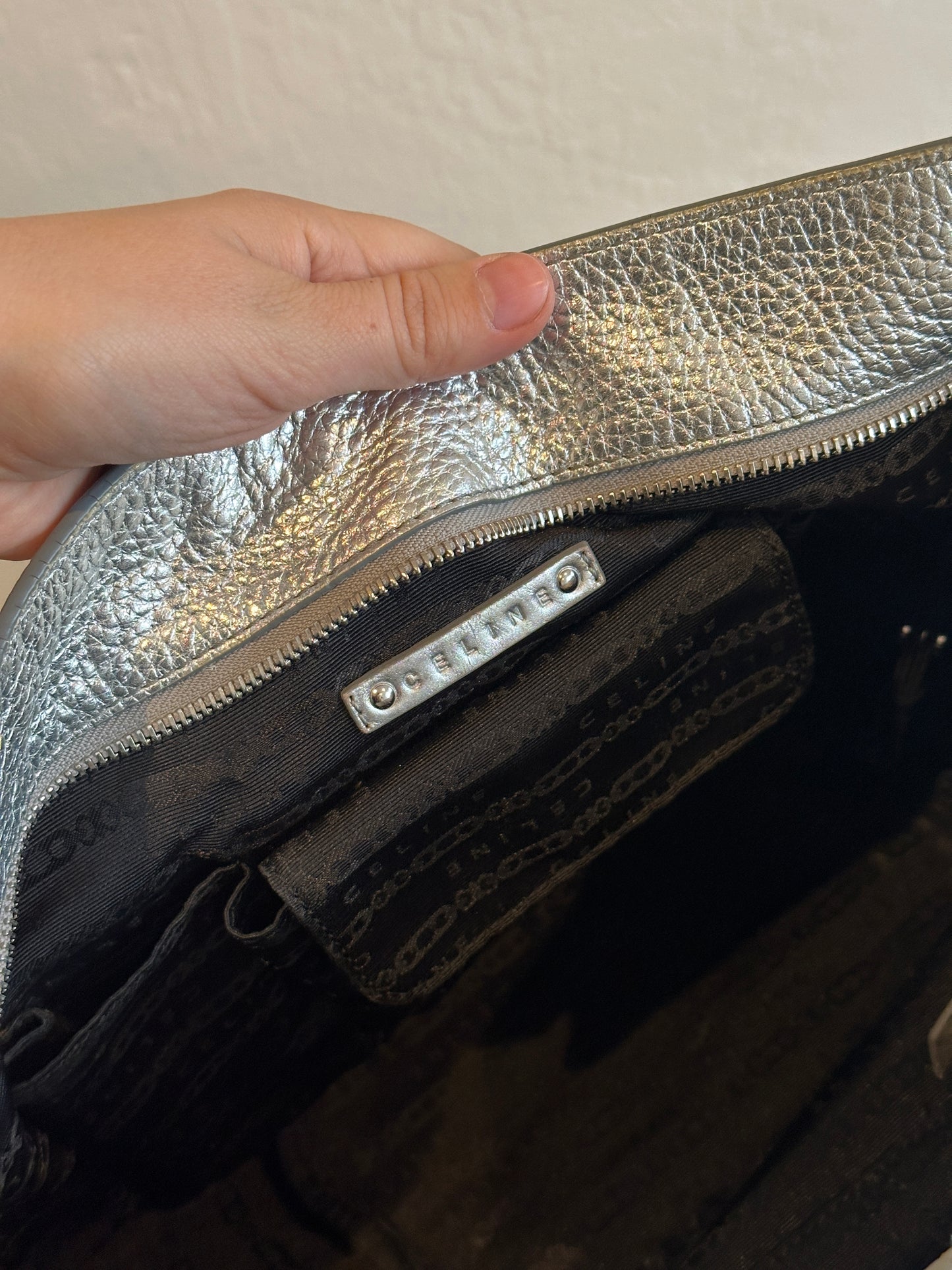 Celine Bittersweet Metallic Silver Leather Shoulder Tote