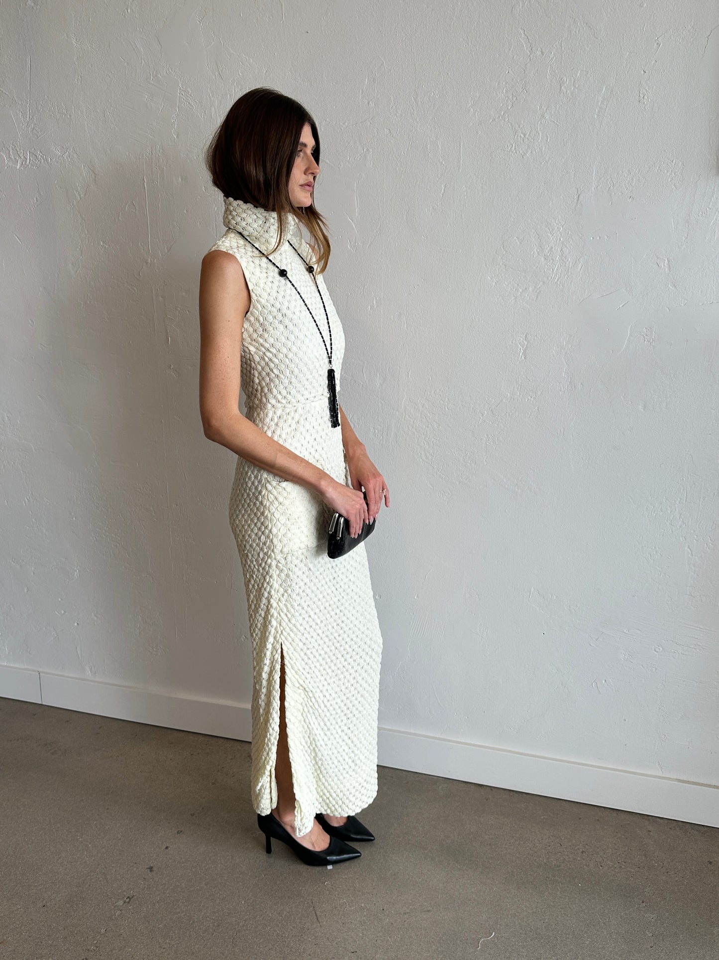 1960s Ivory Textured Crochet Column Dress