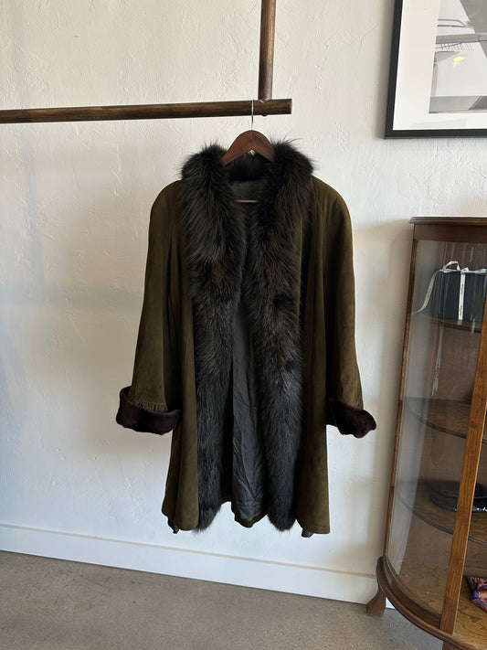 Pierre Cardin Olive Green Suede Fox and Chinchilla Trim Coat