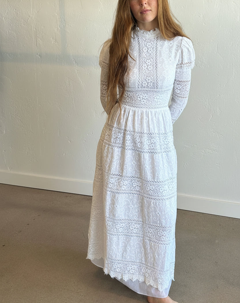 1970s Edwardian Revival Lace Bridal Dress