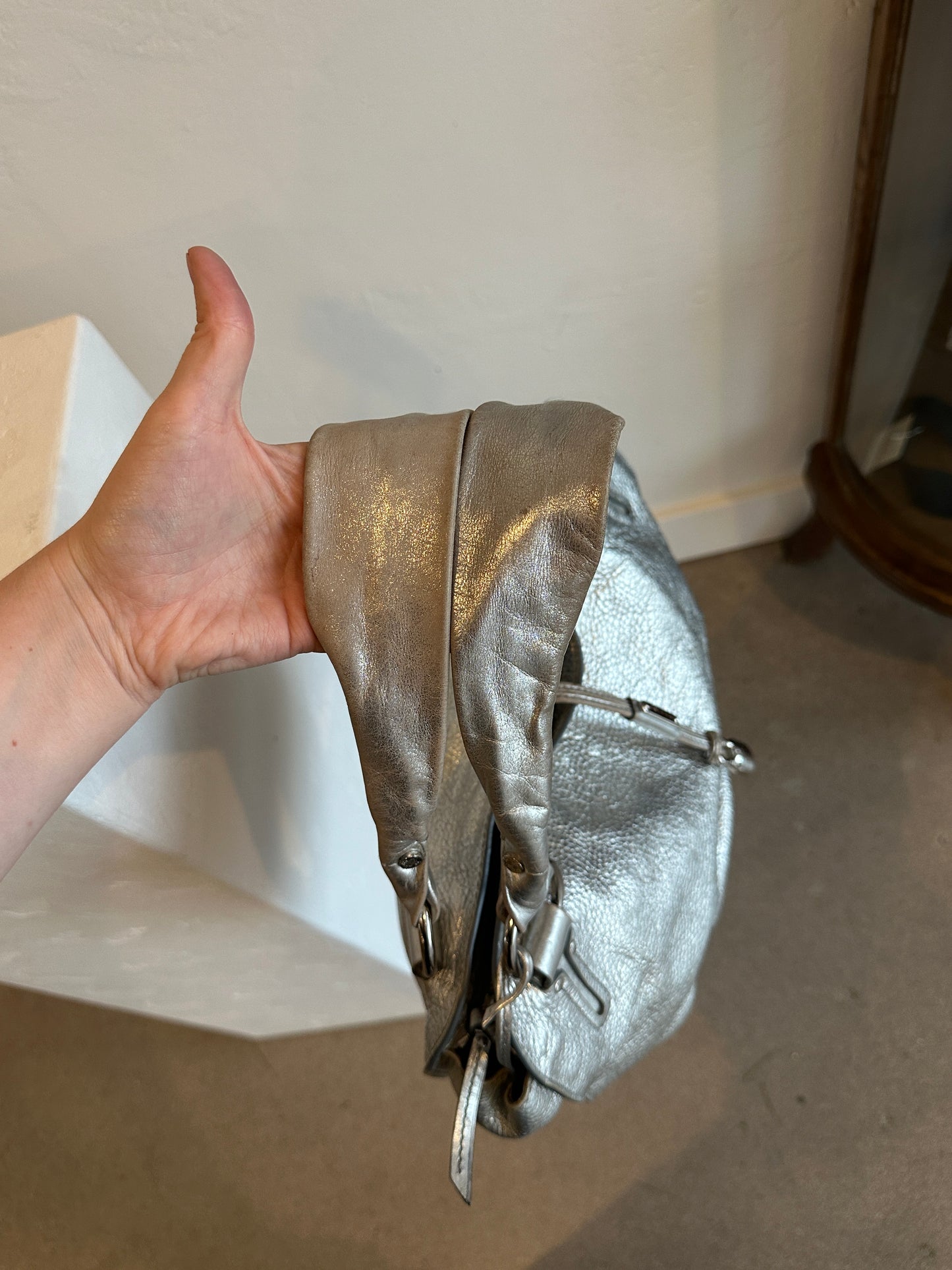 Celine Bittersweet Metallic Silver Leather Shoulder Tote