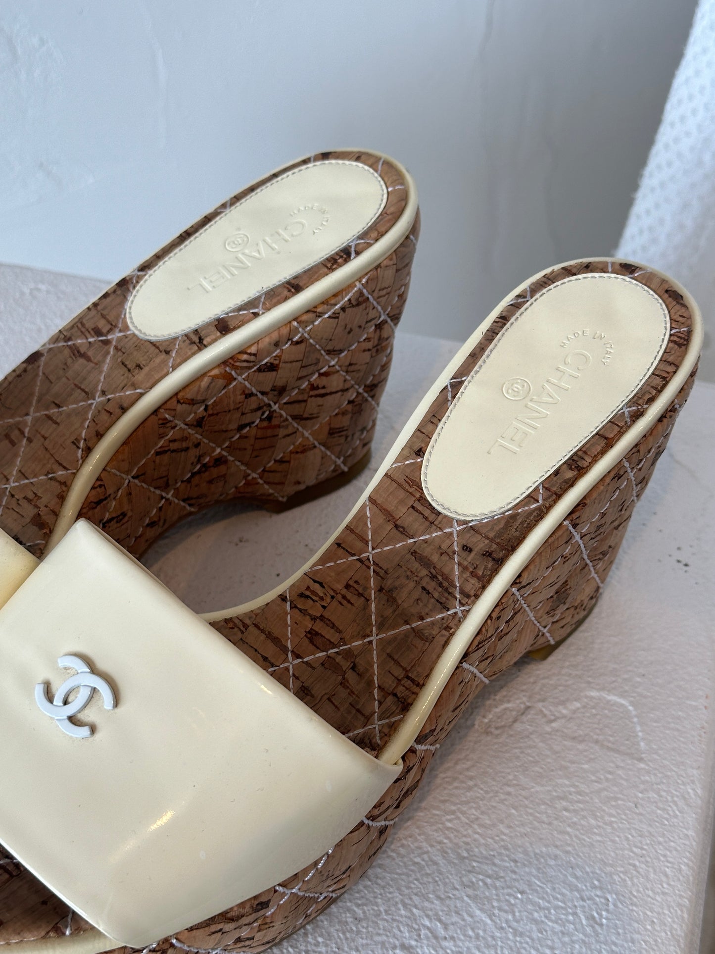 Chanel CC Patent Leather Cork Wedge Mules