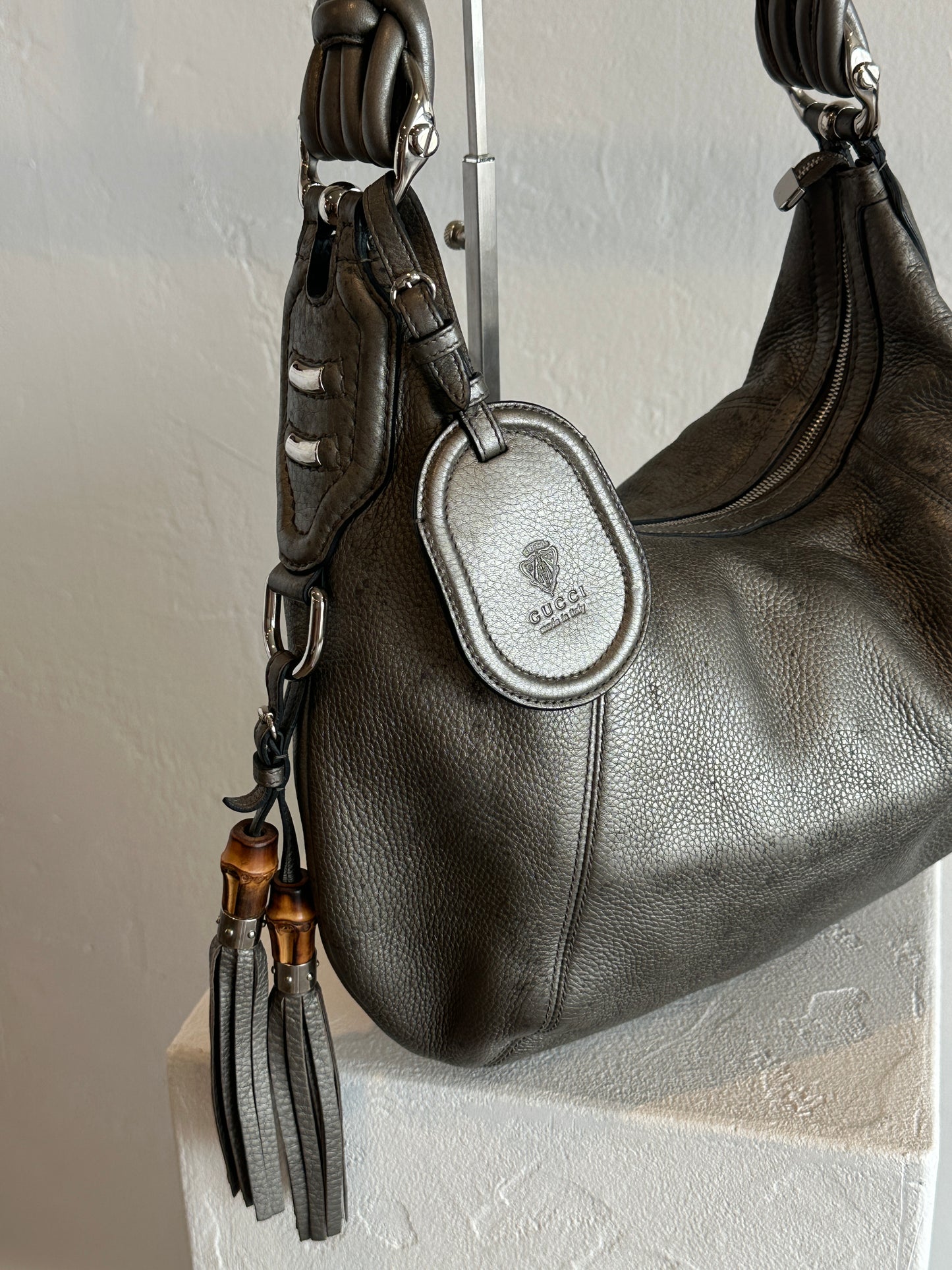 Gucci Metallic Grey Leather Bamboo Tassel Shoulder Bag