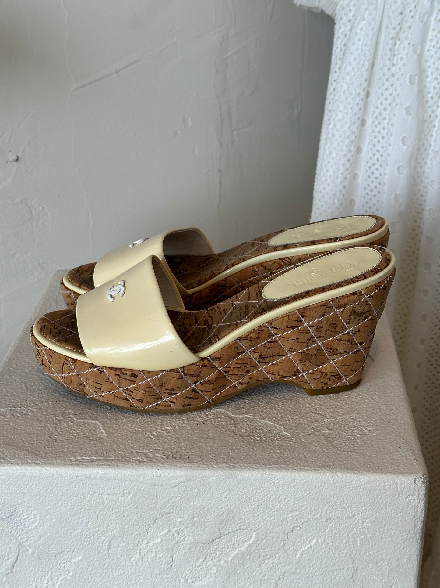 Chanel CC Patent Leather Cork Wedge Mules