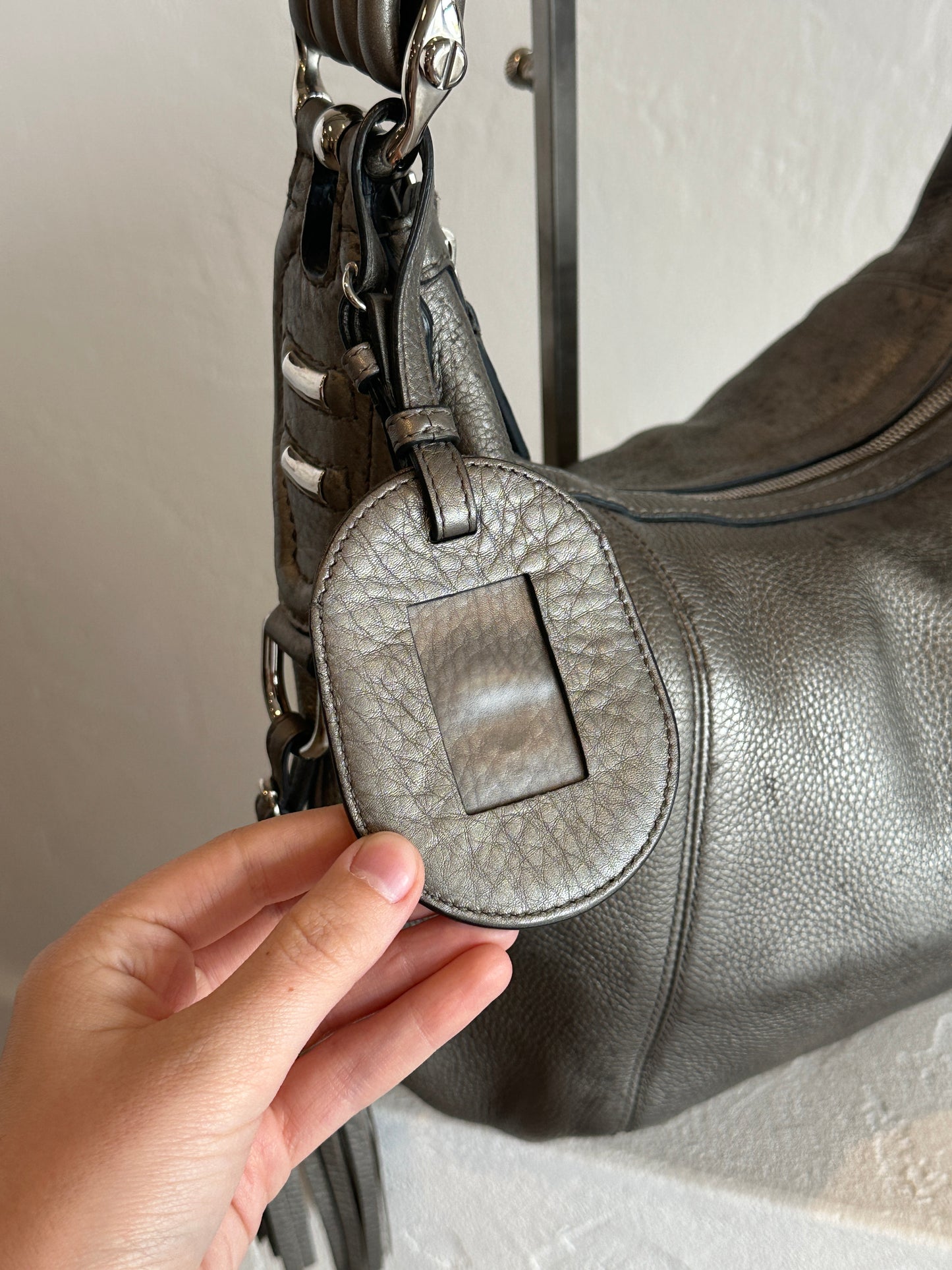 Gucci Metallic Grey Leather Bamboo Tassel Shoulder Bag