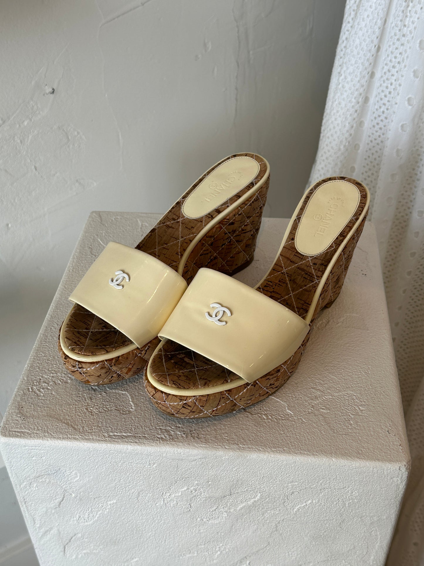 Chanel CC Patent Leather Cork Wedge Mules