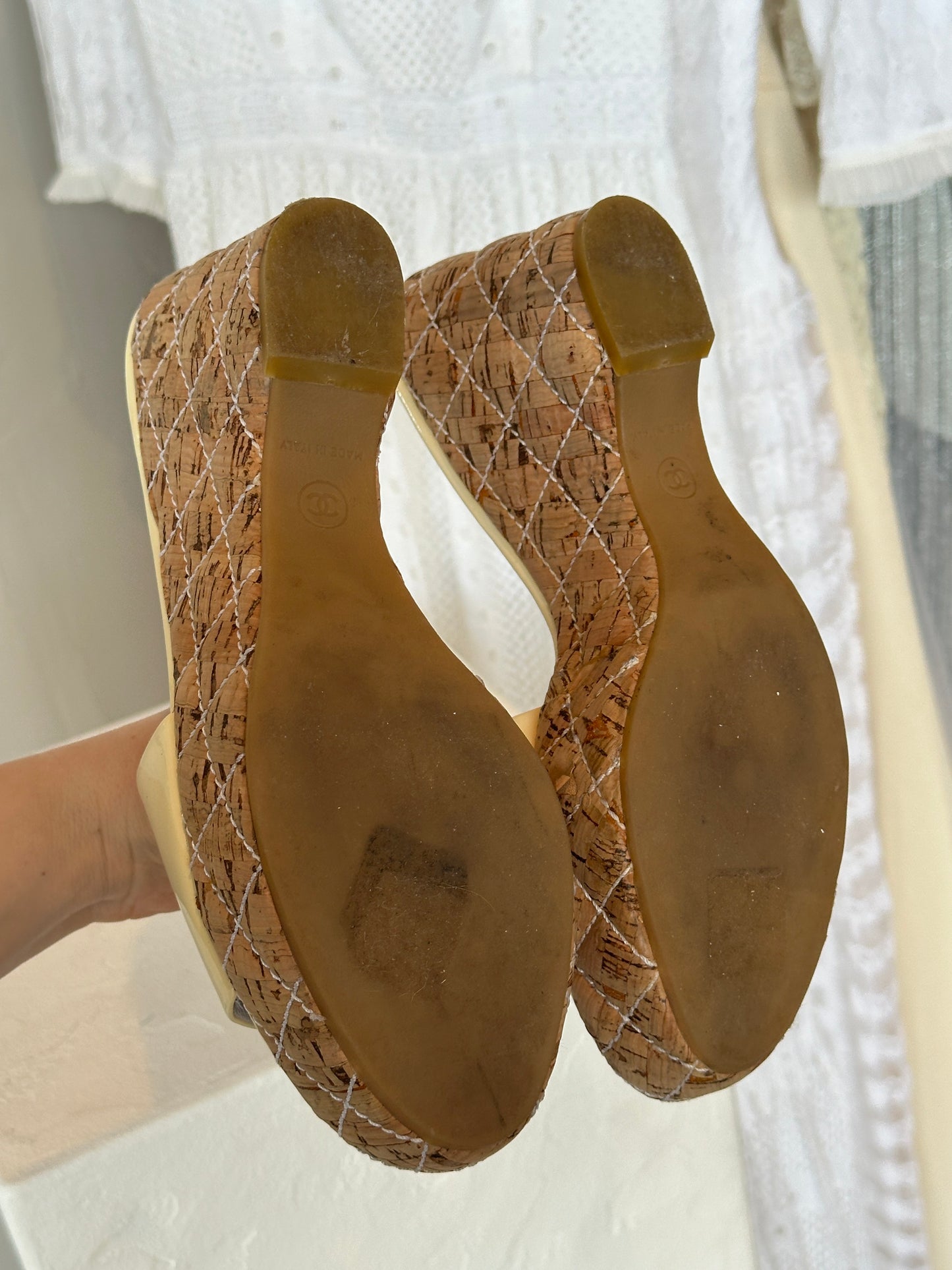 Chanel CC Patent Leather Cork Wedge Mules