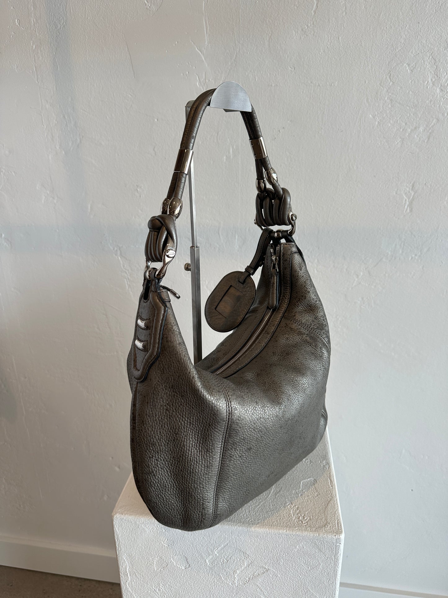Gucci Metallic Grey Leather Bamboo Tassel Shoulder Bag