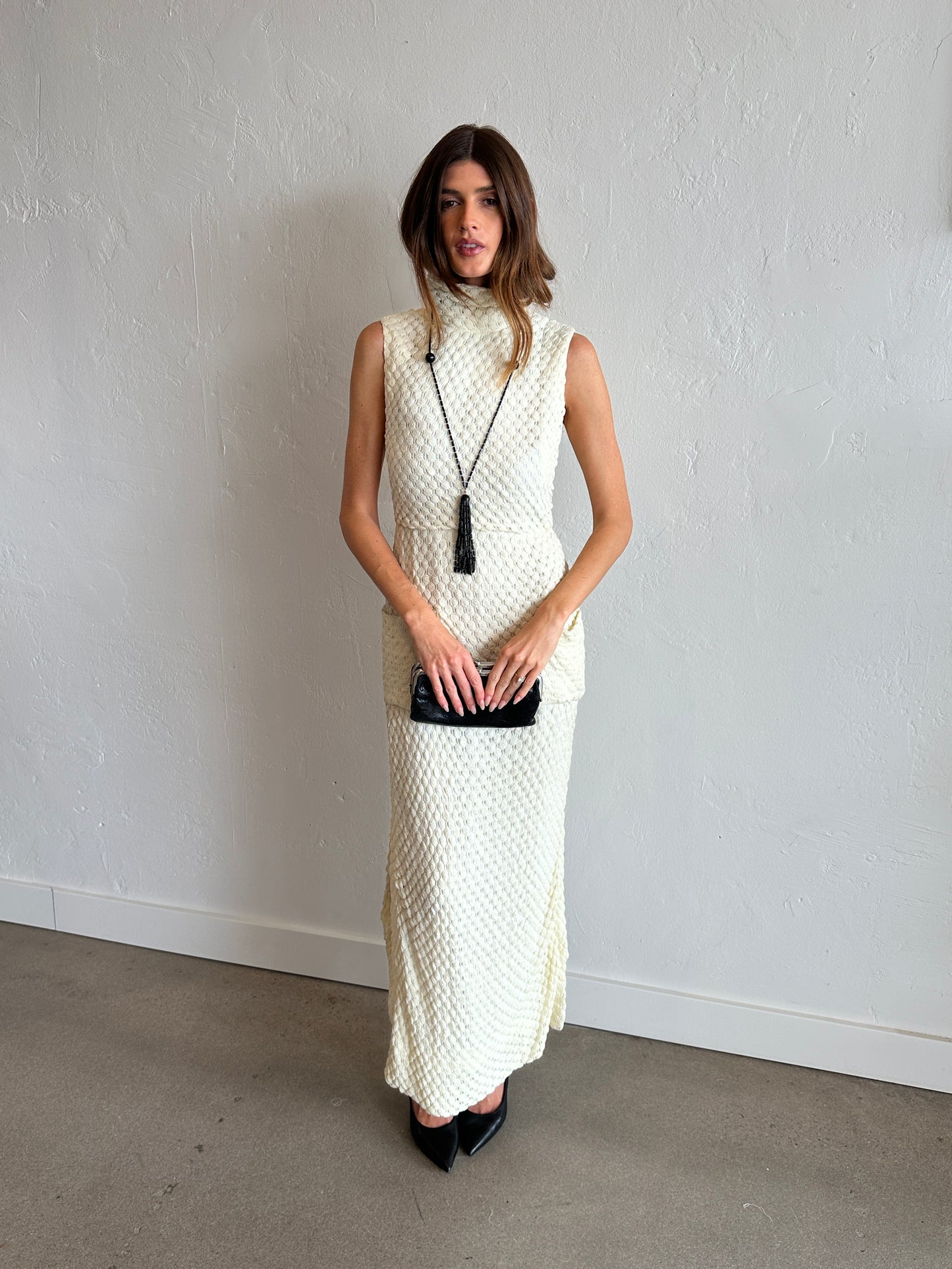 1960s Ivory Textured Crochet Column Dress