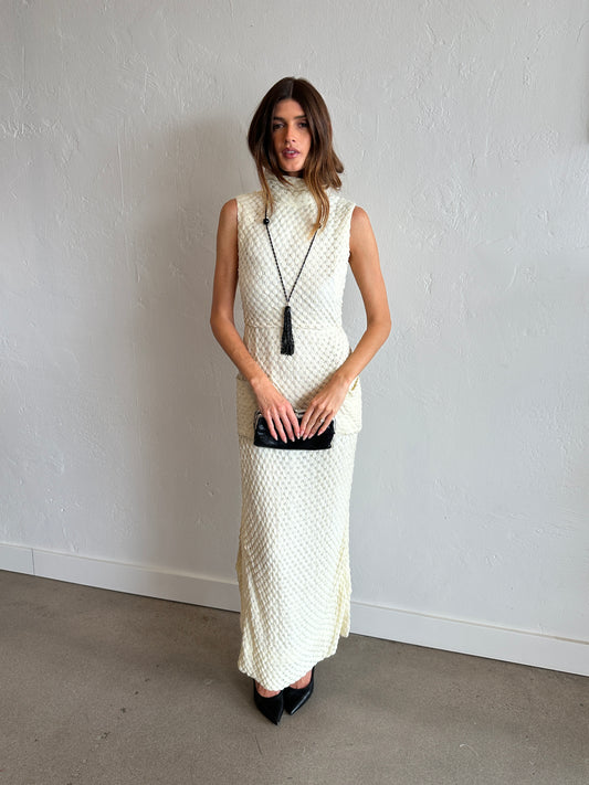 1960s Ivory Textured Crochet Column Dress