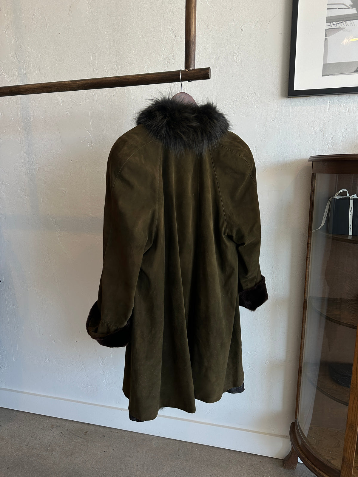 Pierre Cardin Olive Green Suede Fox and Chinchilla Trim Coat