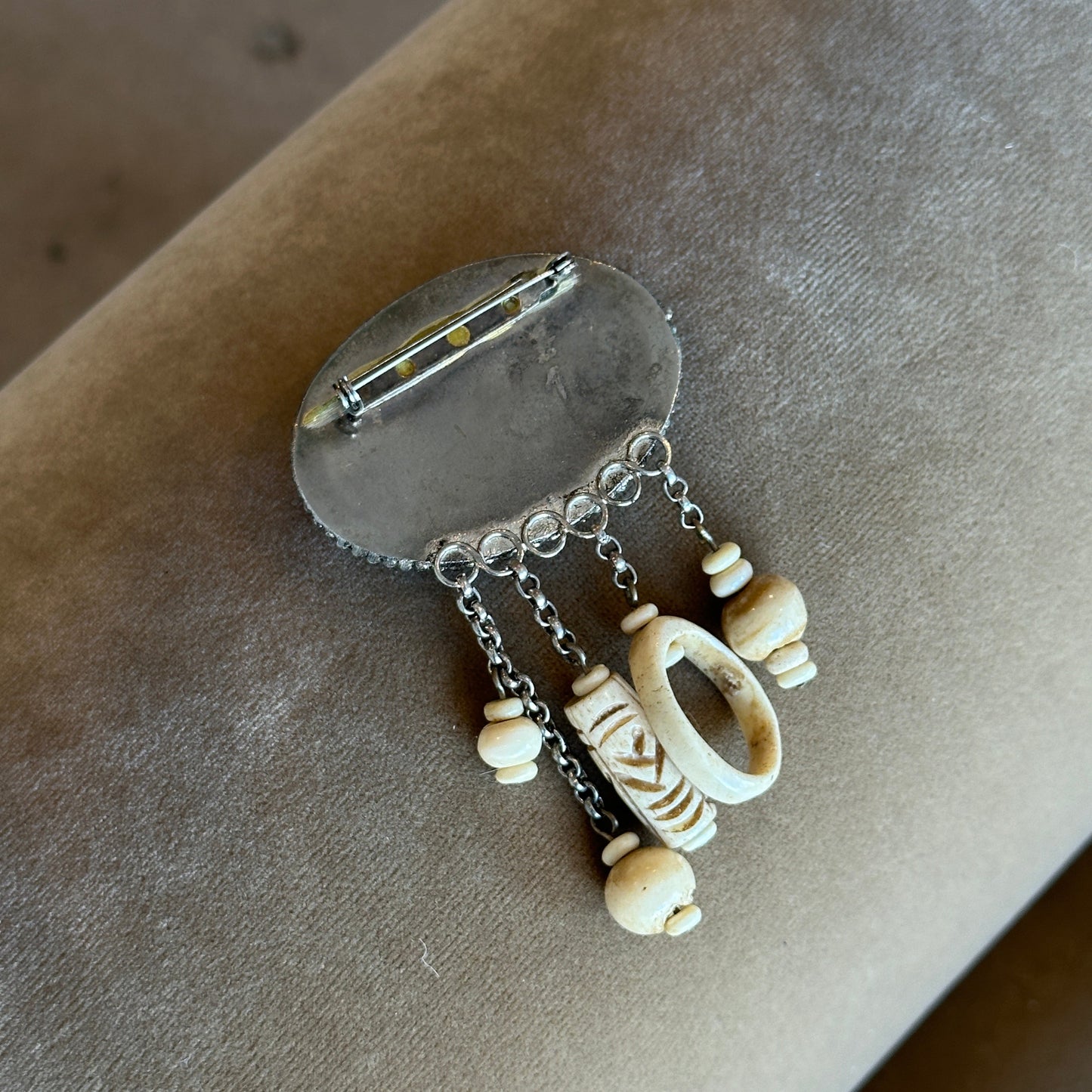 Vintage Carved Bone & Chain Fringe Statement Brooch