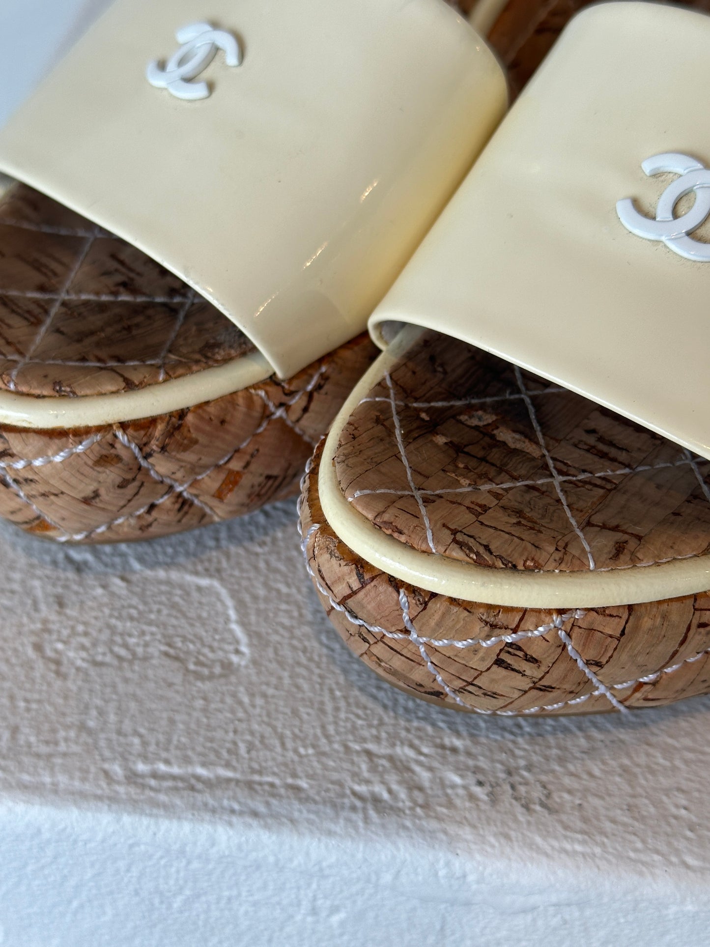 Chanel CC Patent Leather Cork Wedge Mules