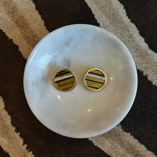 Vintage Tiger’s Eye Stripe & Crystal Inlay Clip-On Earrings