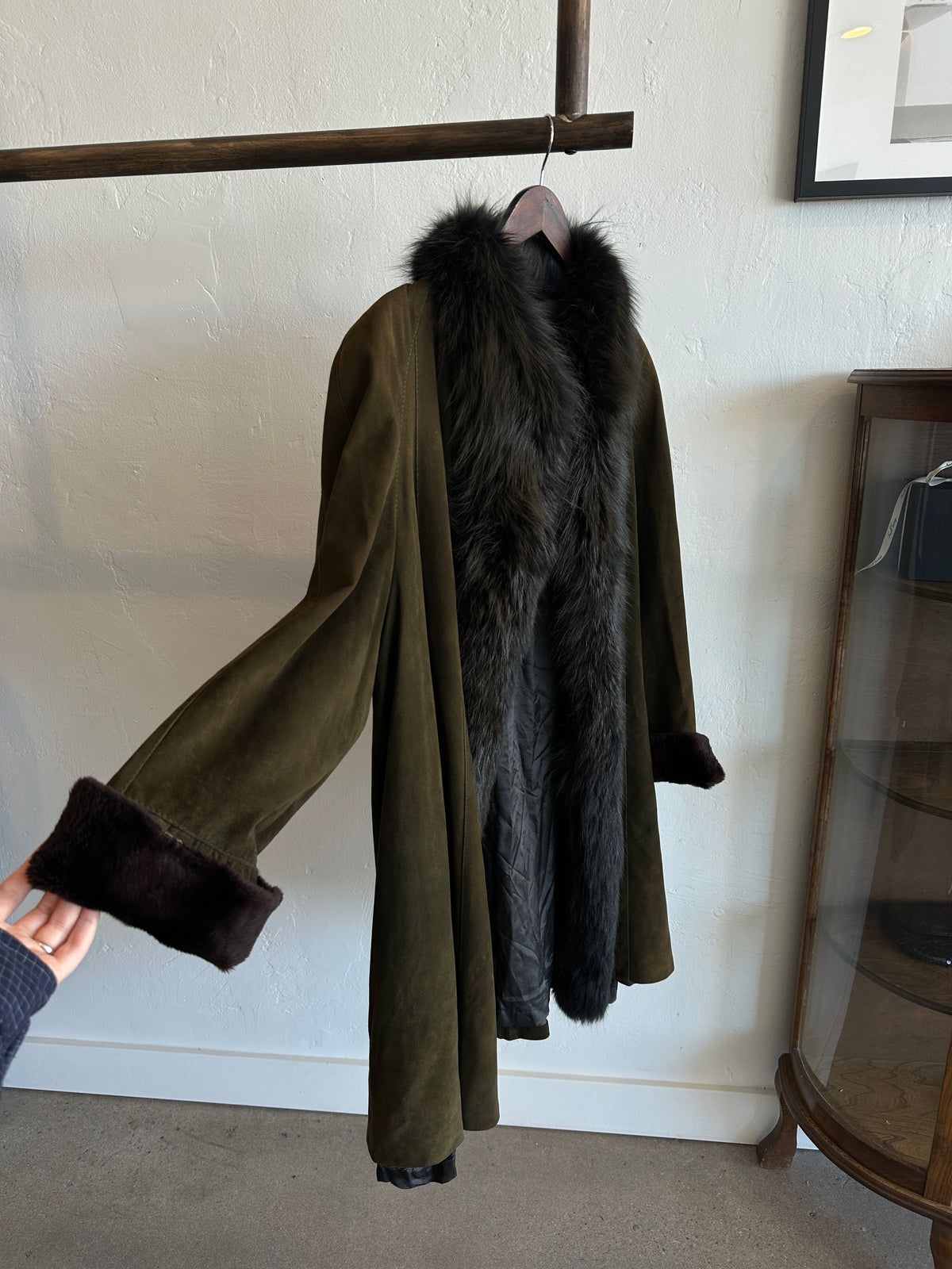 Pierre Cardin Olive Green Suede Fox and Chinchilla Trim Coat