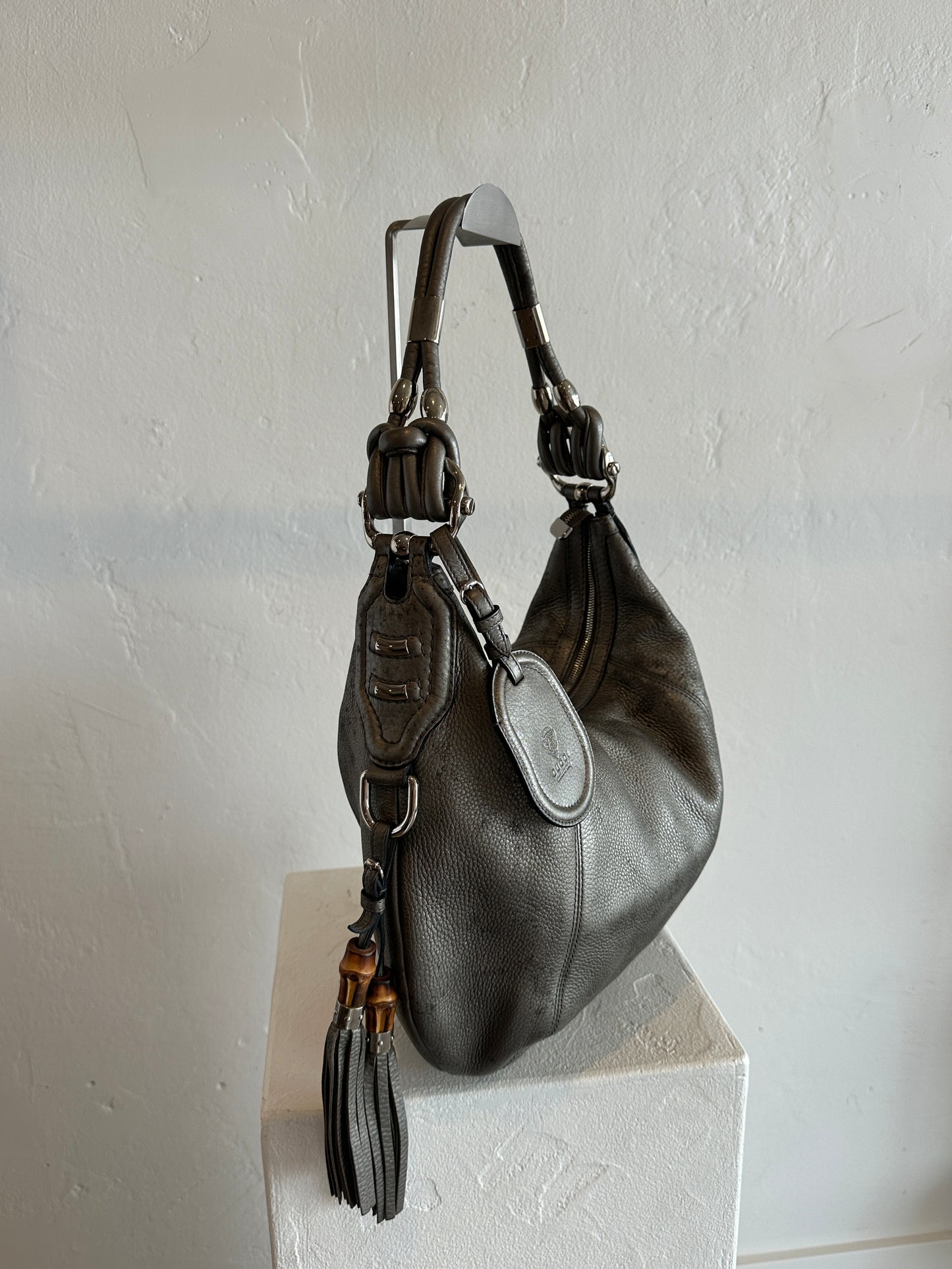 Gucci Metallic Grey Leather Bamboo Tassel Shoulder Bag