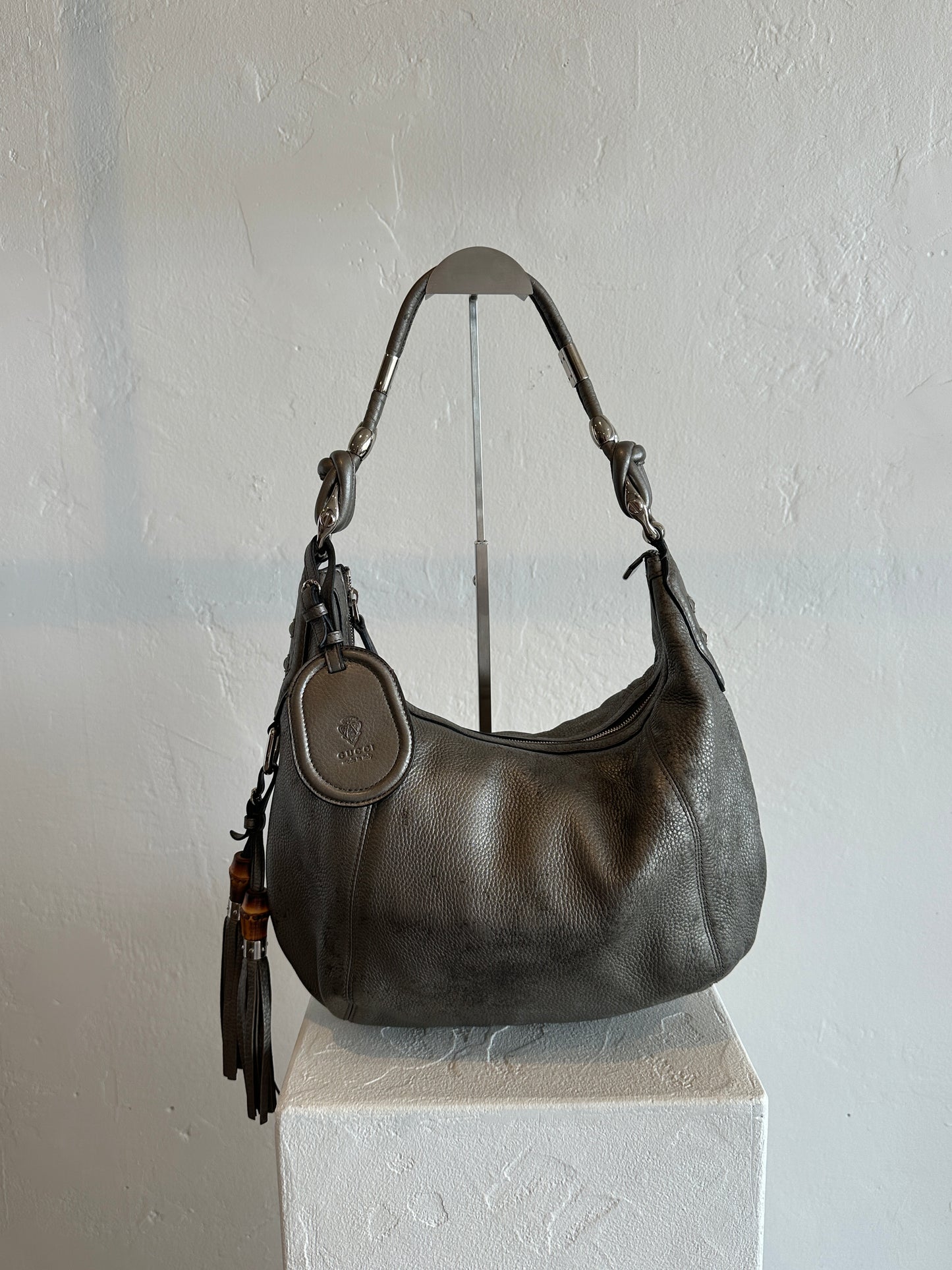 Gucci Metallic Grey Leather Bamboo Tassel Shoulder Bag
