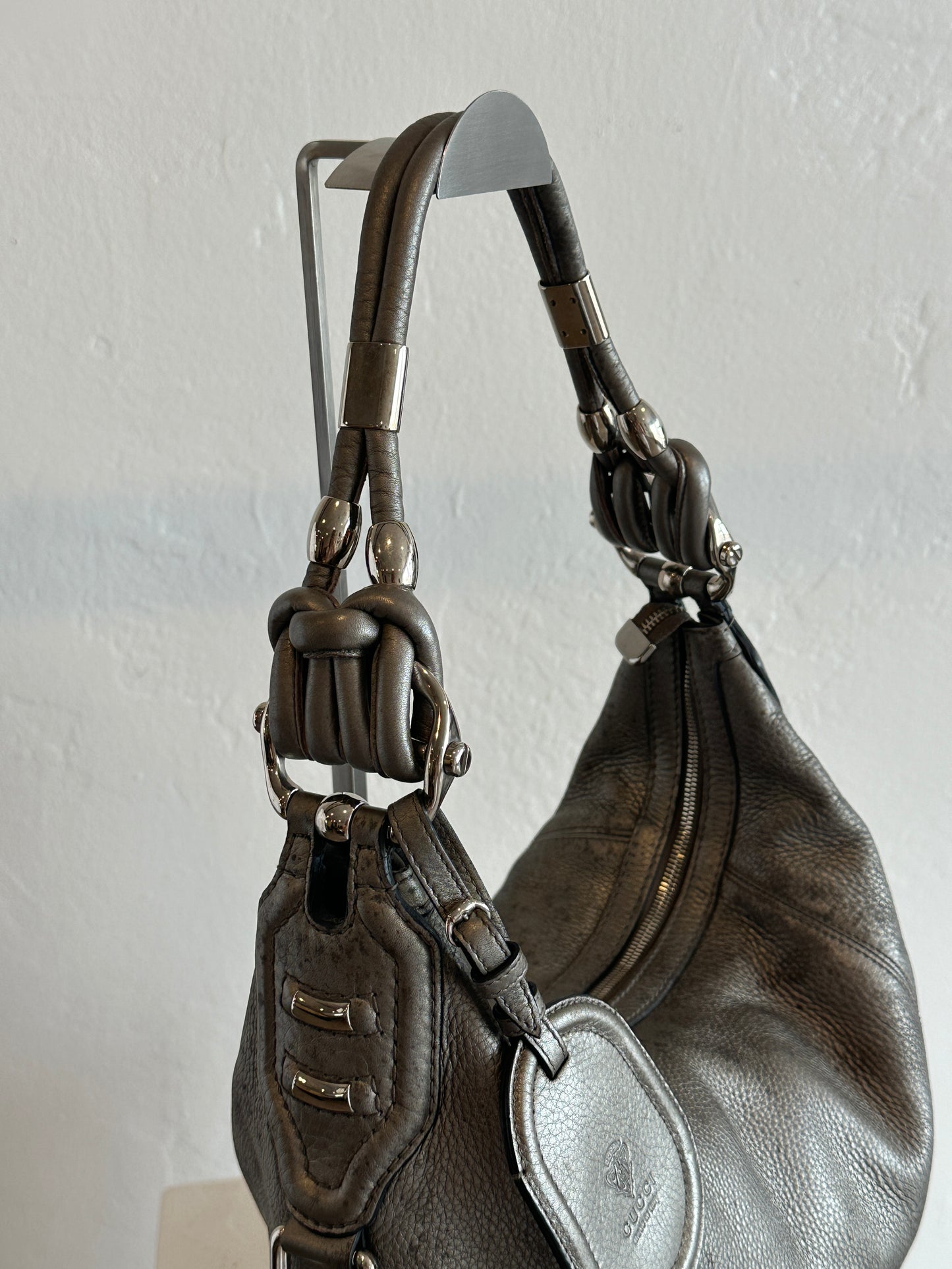 Gucci Metallic Grey Leather Bamboo Tassel Shoulder Bag