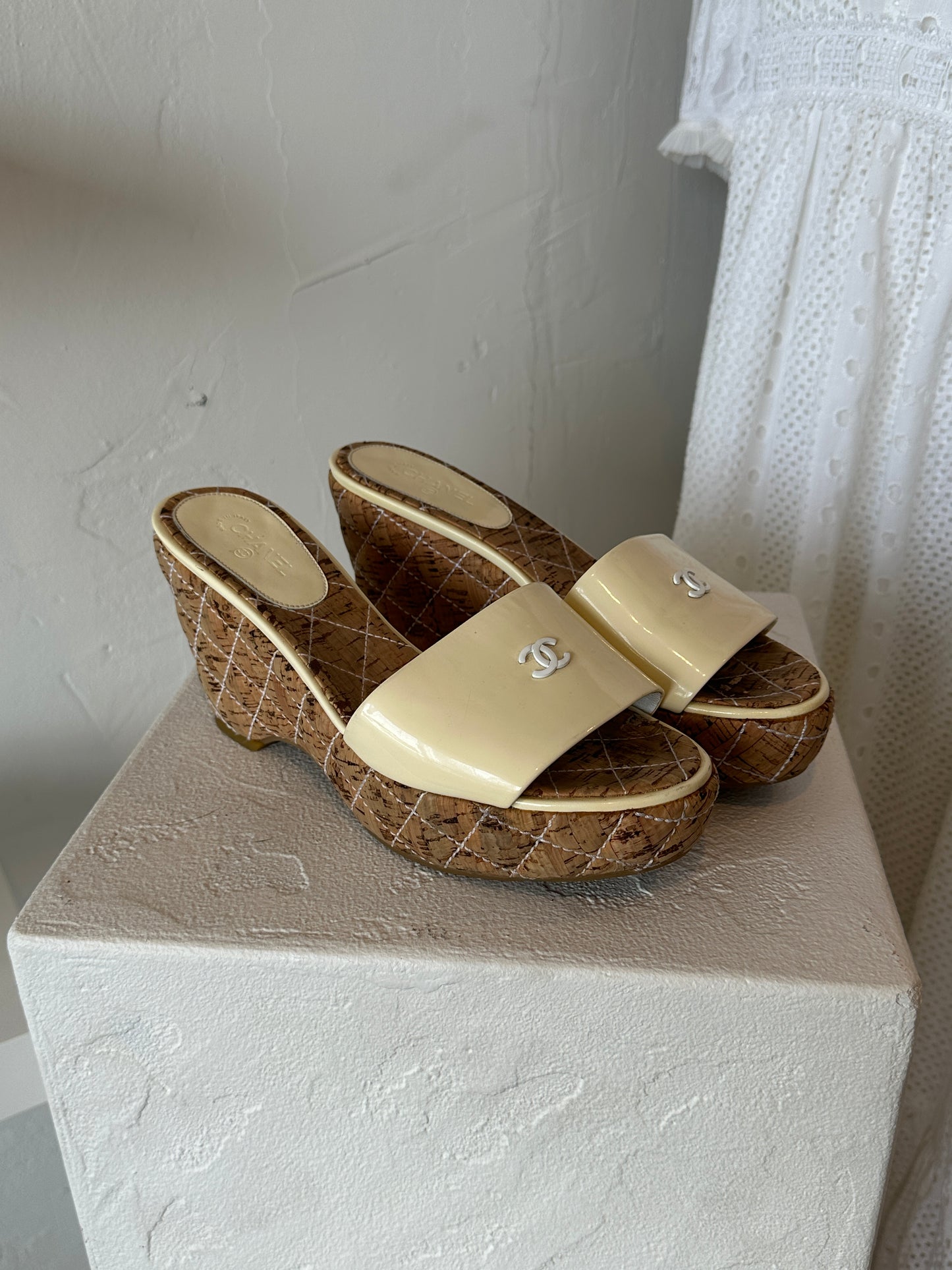 Chanel CC Patent Leather Cork Wedge Mules