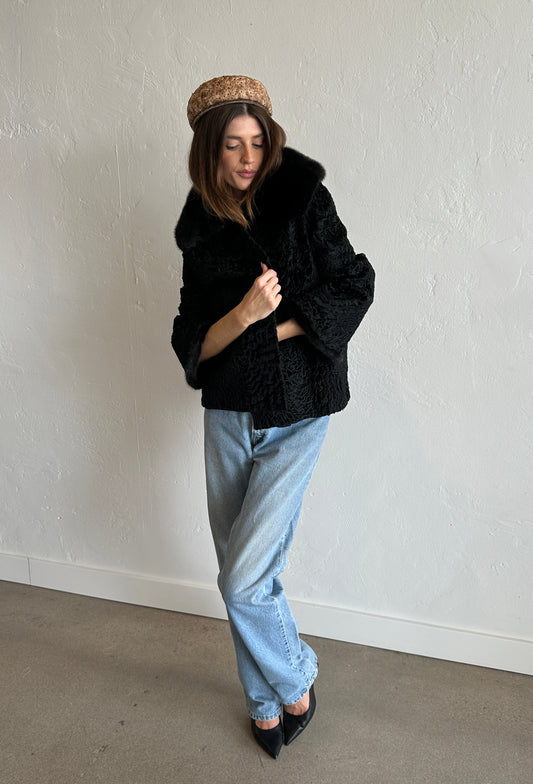 Vintage Black Persian Lamb & Mink Fur Swing Coat