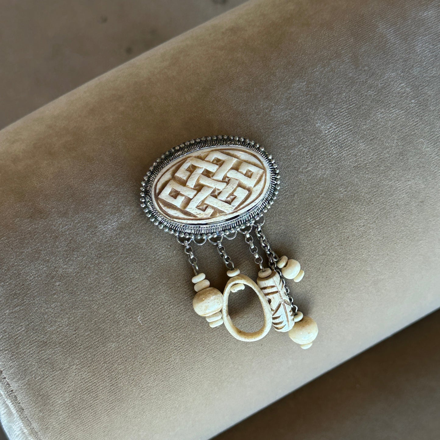 Vintage Carved Bone & Chain Fringe Statement Brooch