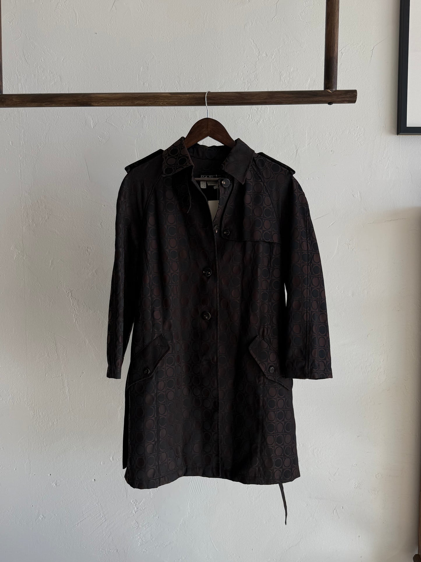Vintage Salvatore Ferragamo Brown Gancini Jacquard Trench Coat