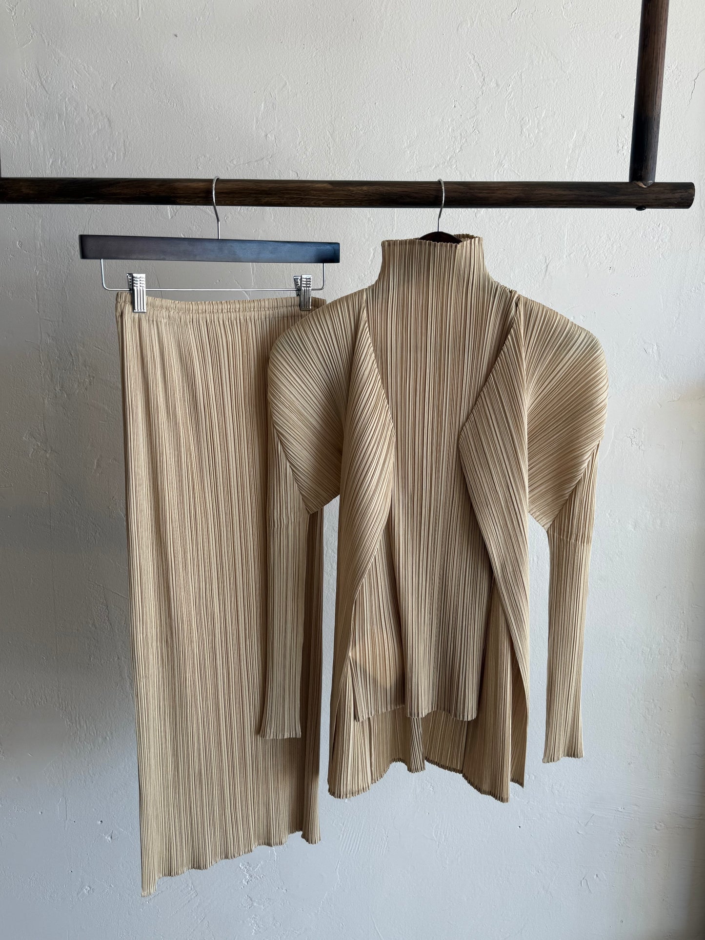 Issey Miyake Pleats Please Sage Three-Piece Set: Maxi Skirt, Long Open Cardigan & Top