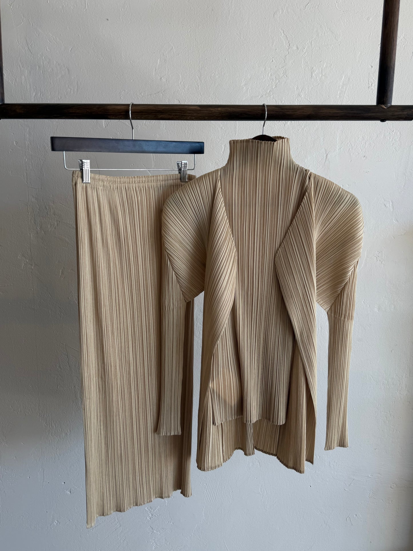 Issey Miyake Pleats Please Sage Three-Piece Set: Maxi Skirt, Long Open Cardigan & Top