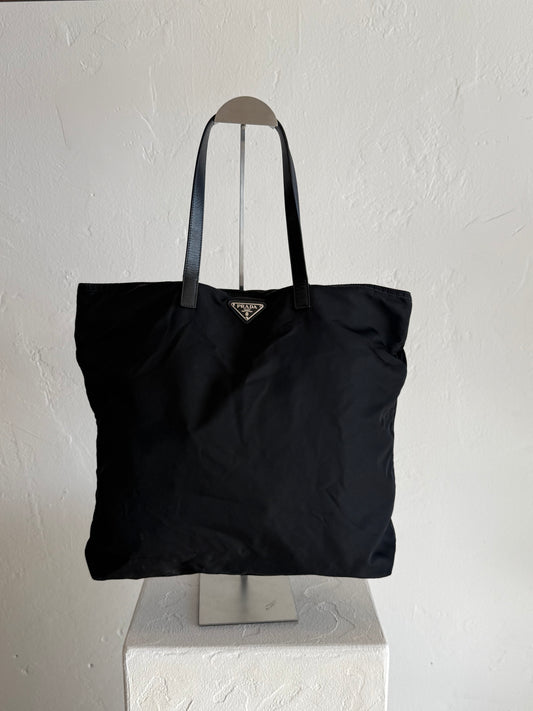 Vintage Prada Black Nylon Tote Bag with Leather Handles