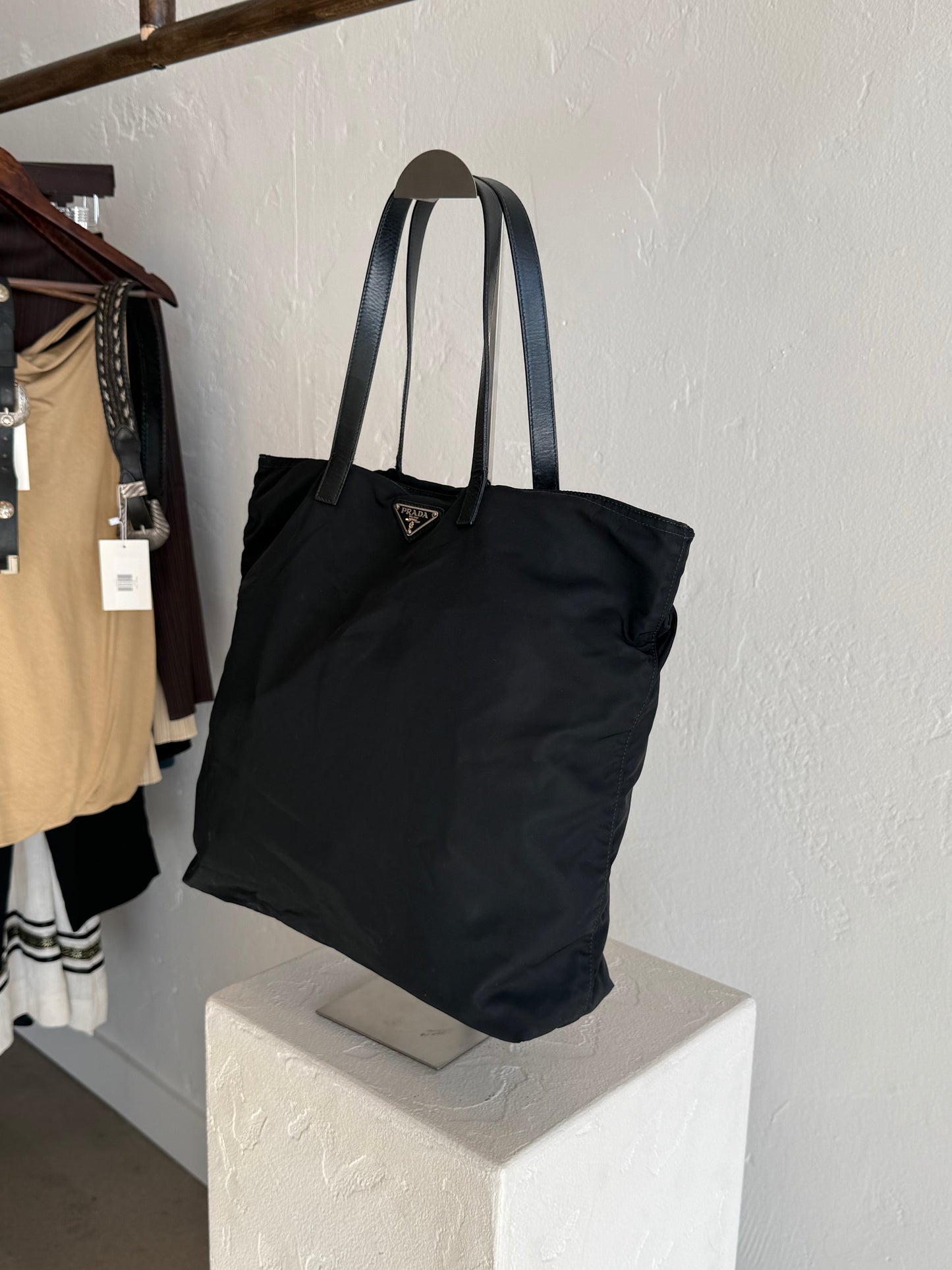 Vintage Prada Black Nylon Tote Bag with Leather Handles