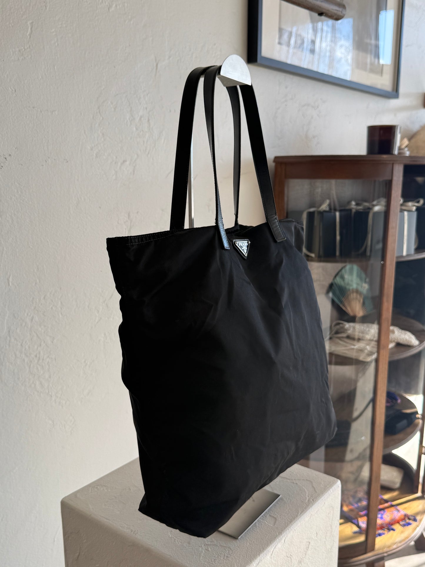 Vintage Prada Black Nylon Tote Bag with Leather Handles