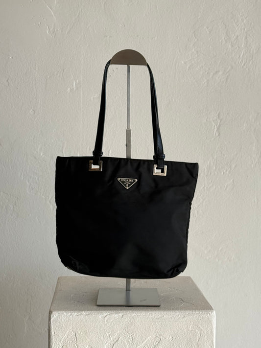 Vintage Prada Black Nylon Tote Bag with Leather Straps