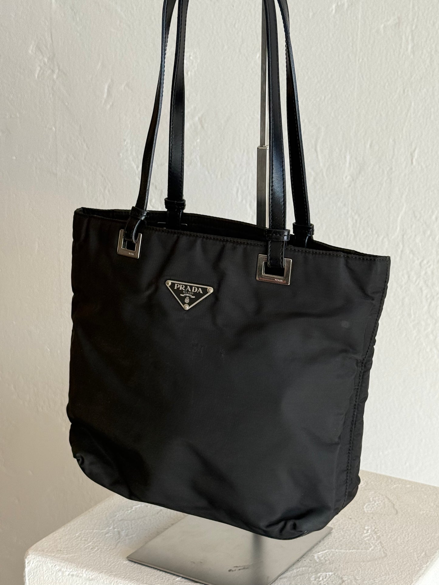 Vintage Prada Black Nylon Tote Bag with Leather Straps