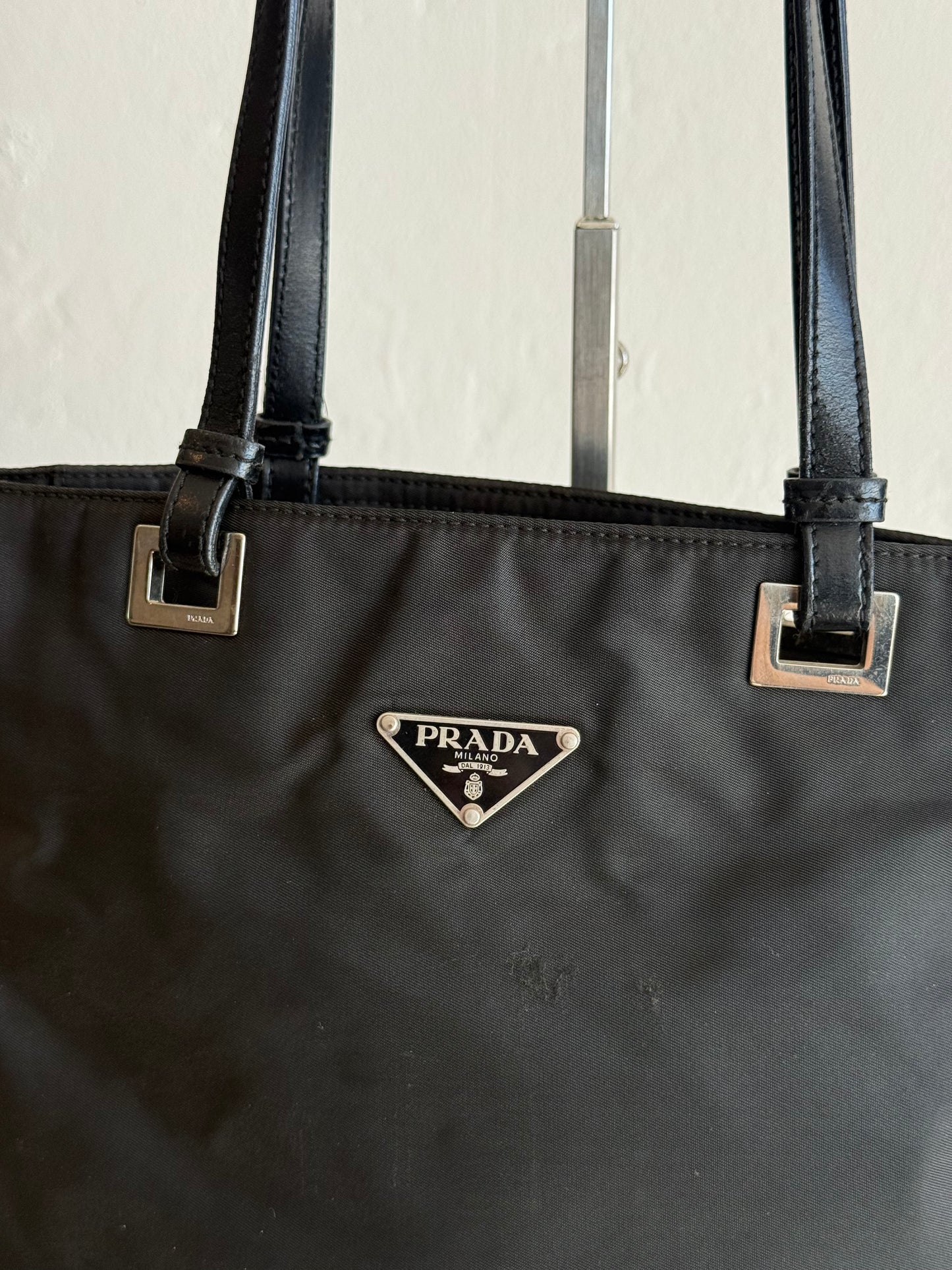 Vintage Prada Black Nylon Tote Bag with Leather Straps