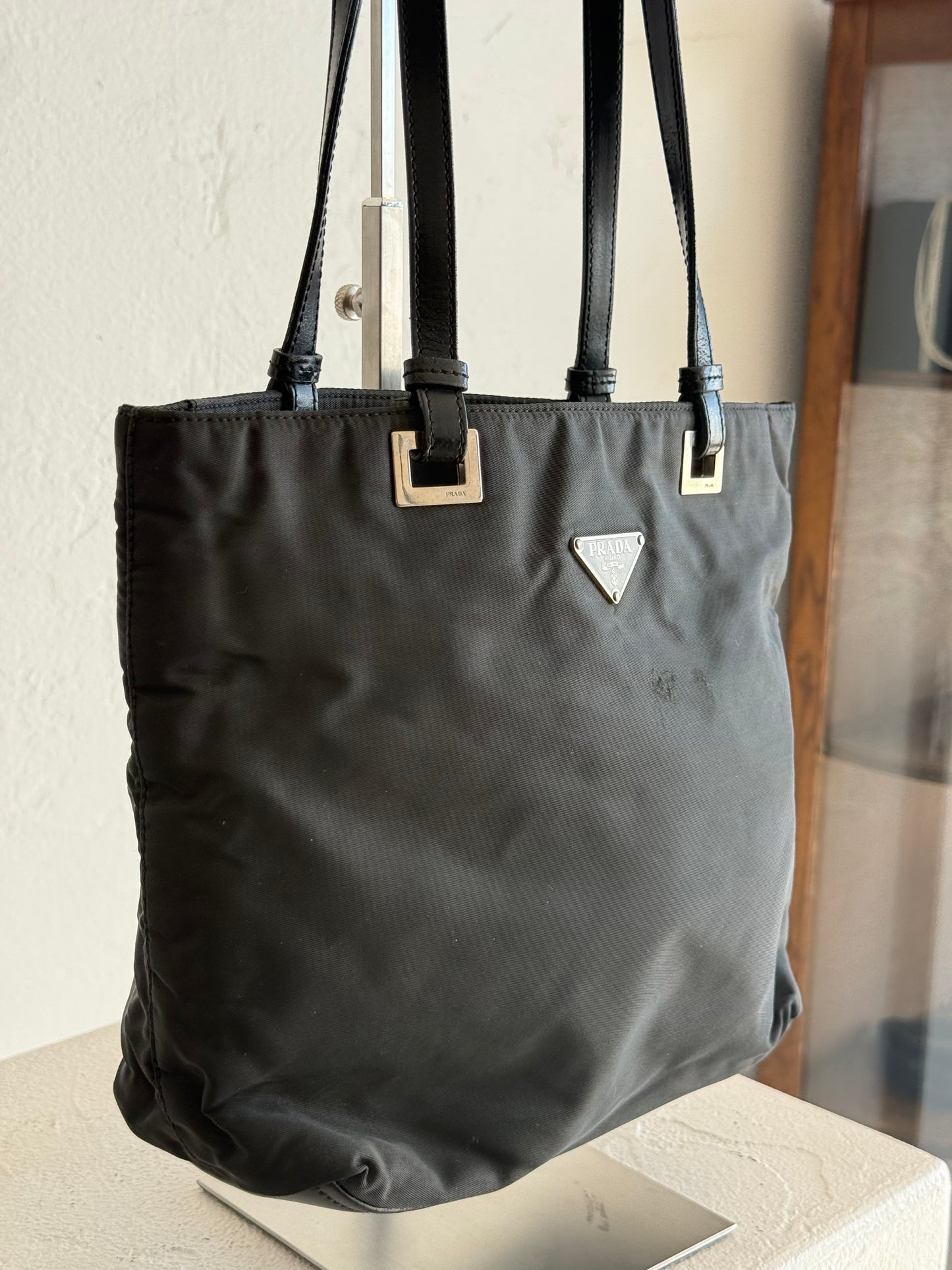 Vintage Prada Black Nylon Tote Bag with Leather Straps