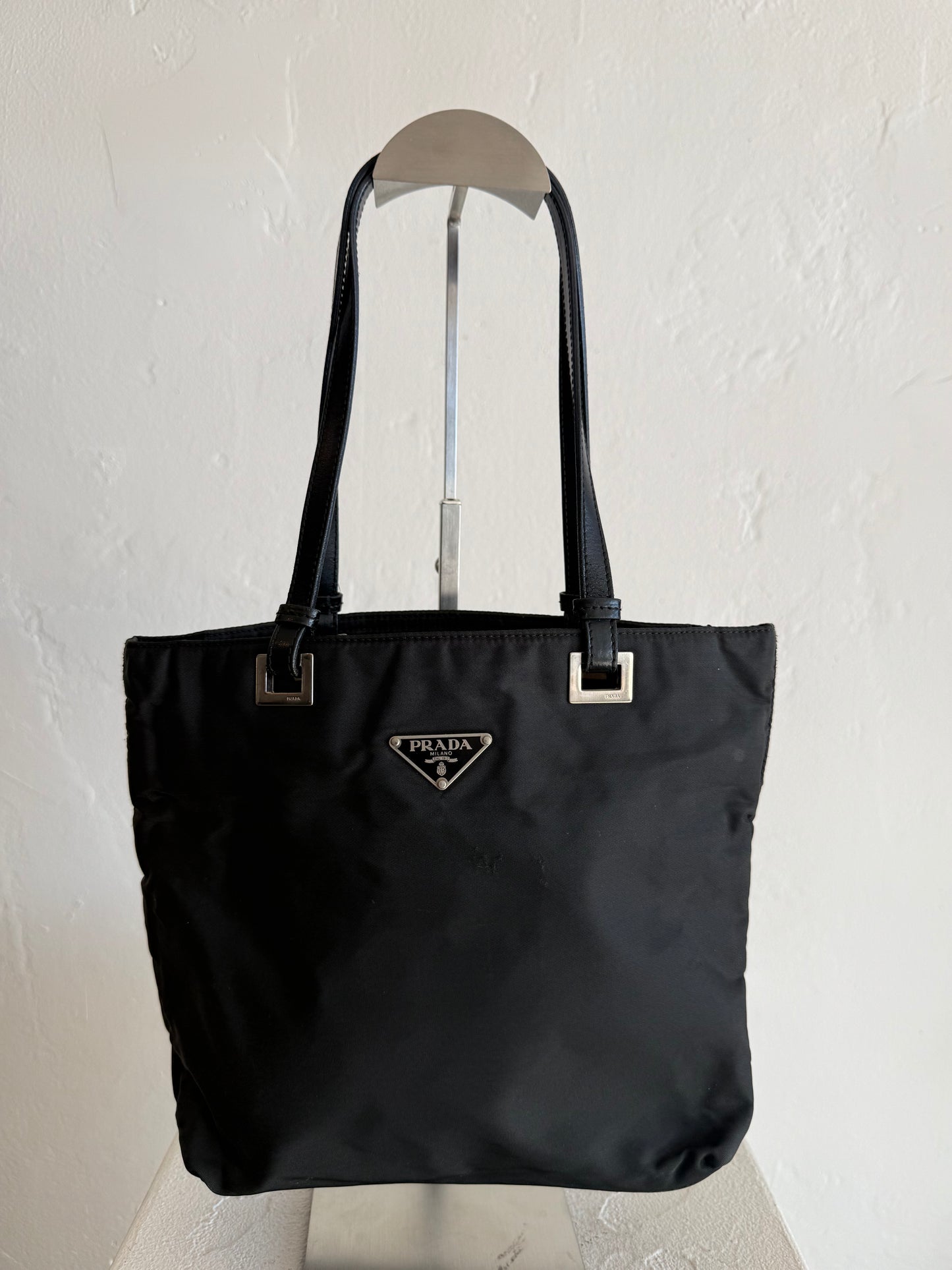 Vintage Prada Black Nylon Tote Bag with Leather Straps