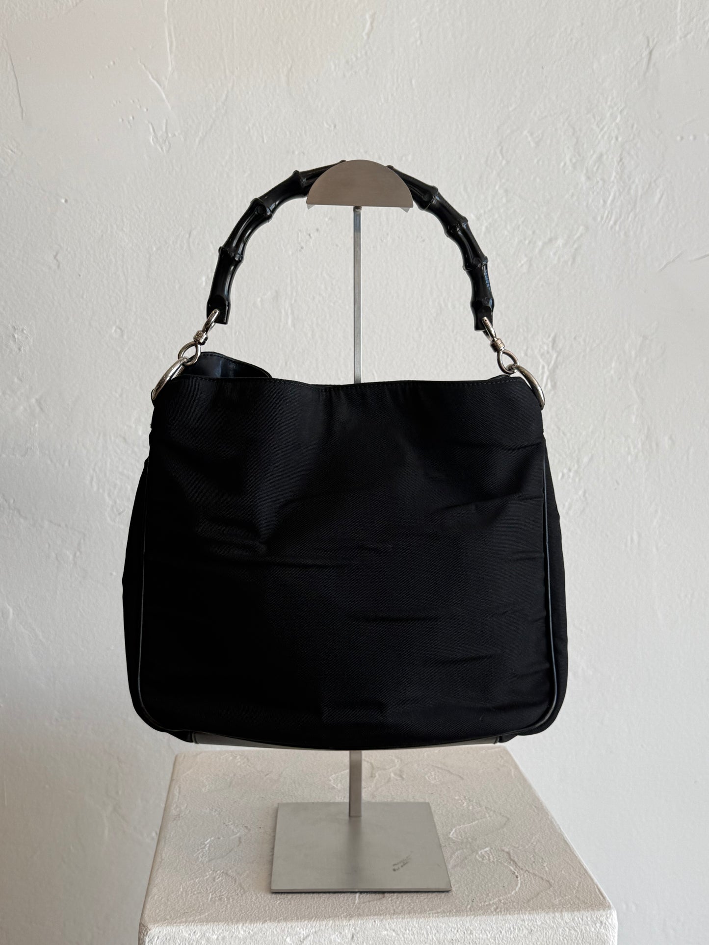 Vintage Gucci Black Nylon Hobo Bag with Bamboo Handle