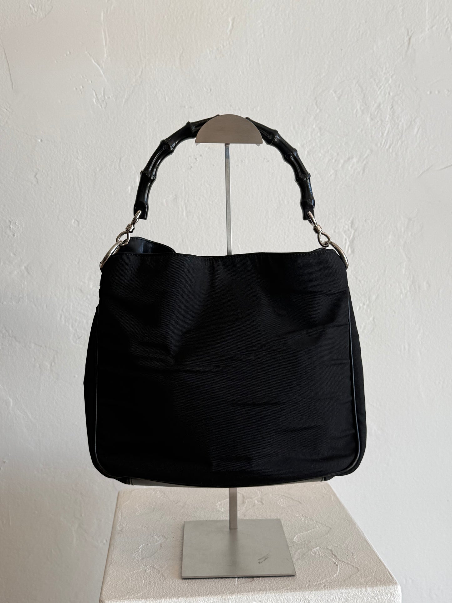 Vintage Gucci Black Nylon Hobo Bag with Bamboo Handle
