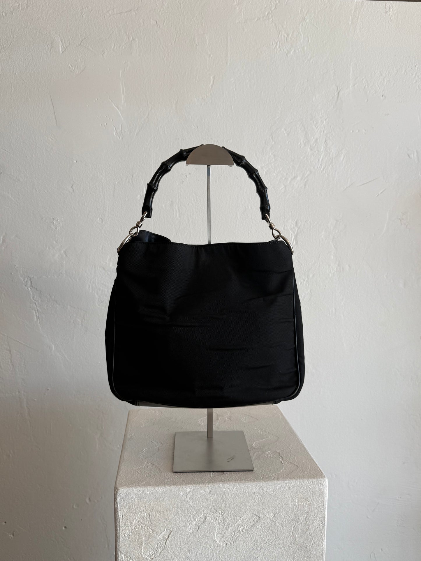 Vintage Gucci Black Nylon Hobo Bag with Bamboo Handle