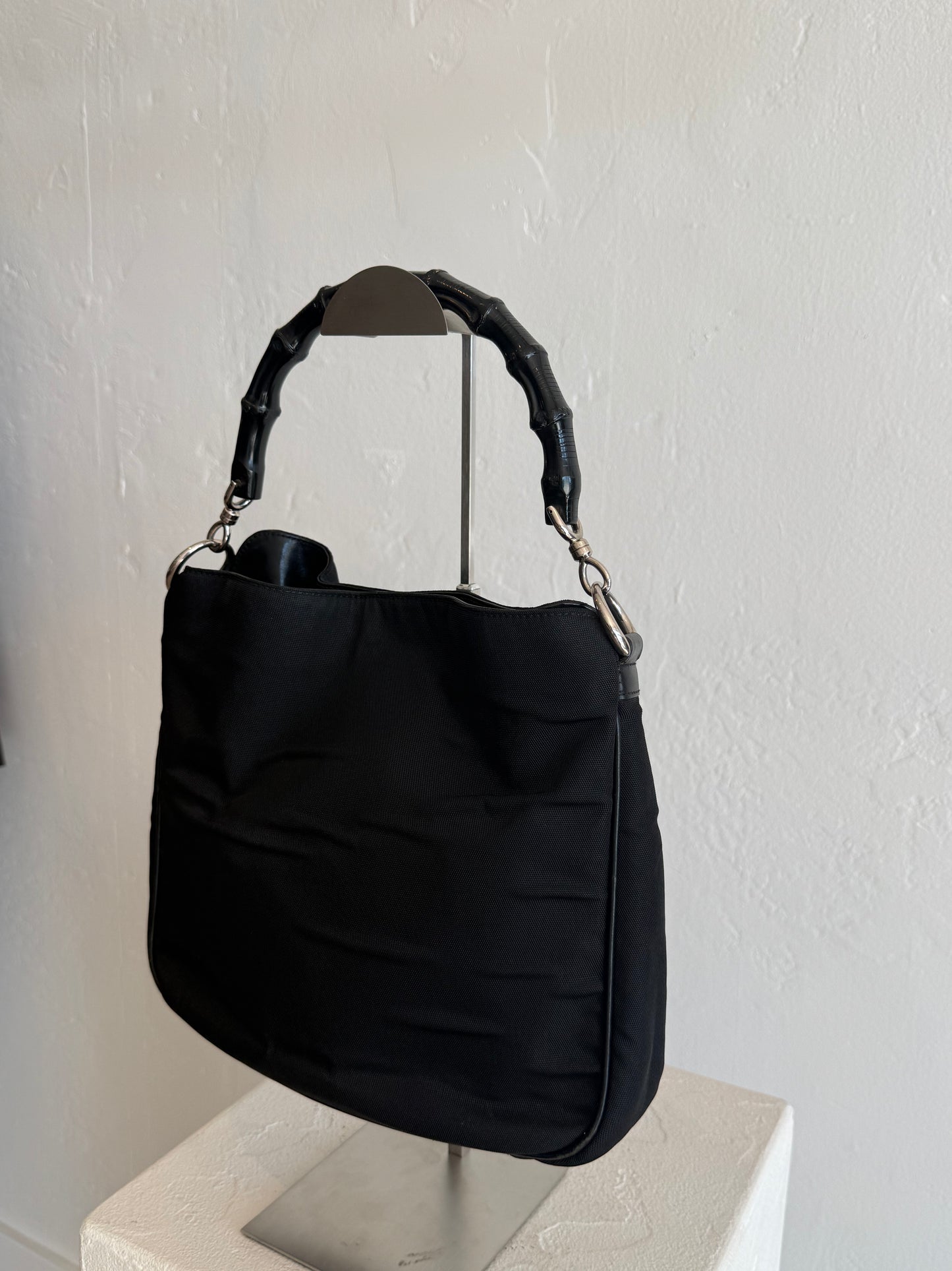 Vintage Gucci Black Nylon Hobo Bag with Bamboo Handle