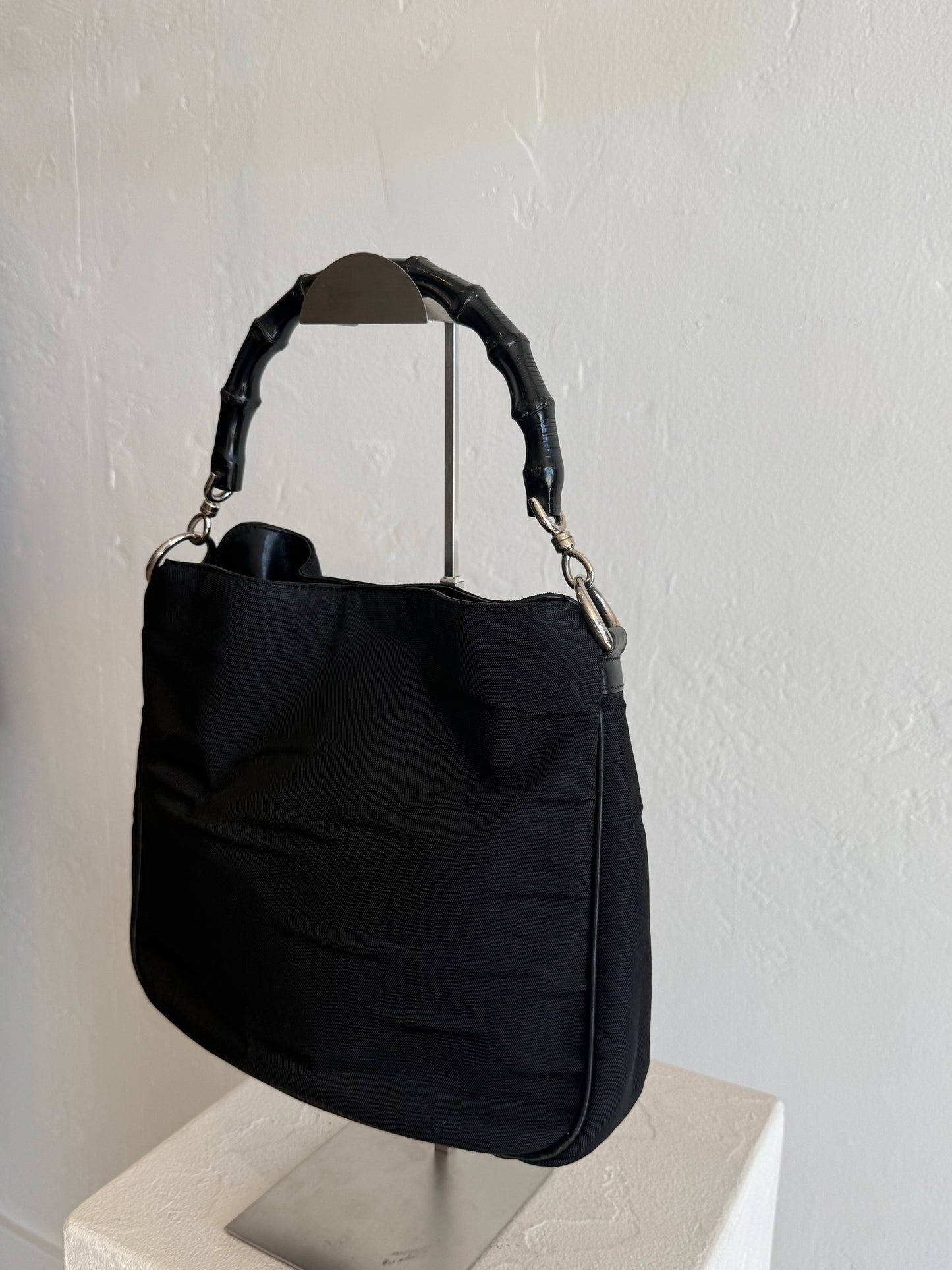 Vintage Gucci Black Nylon Hobo Bag with Bamboo Handle