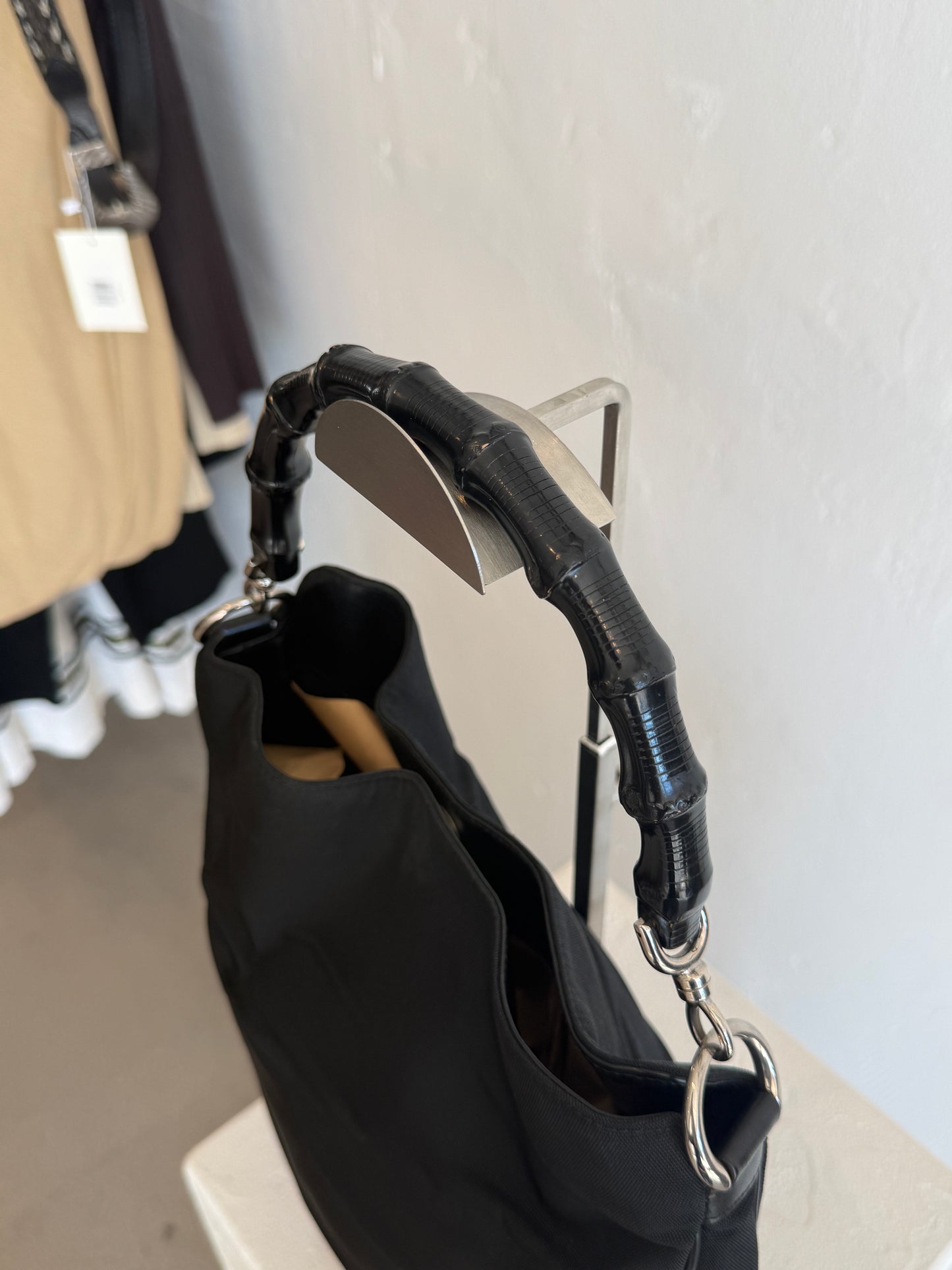 Vintage Gucci Black Nylon Hobo Bag with Bamboo Handle