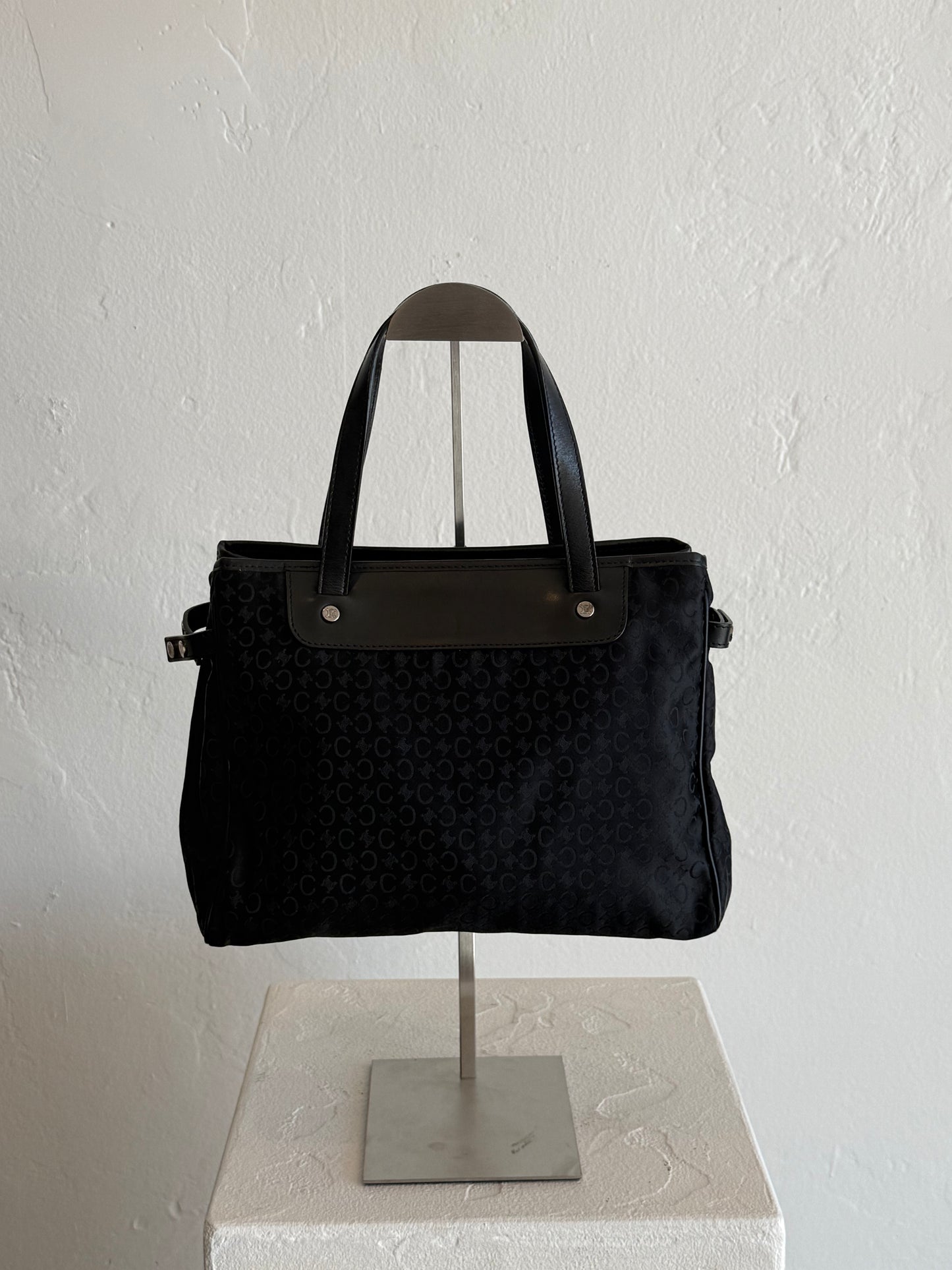 Vintage Céline Black Monogram Canvas Handle Bag with Leather Trim