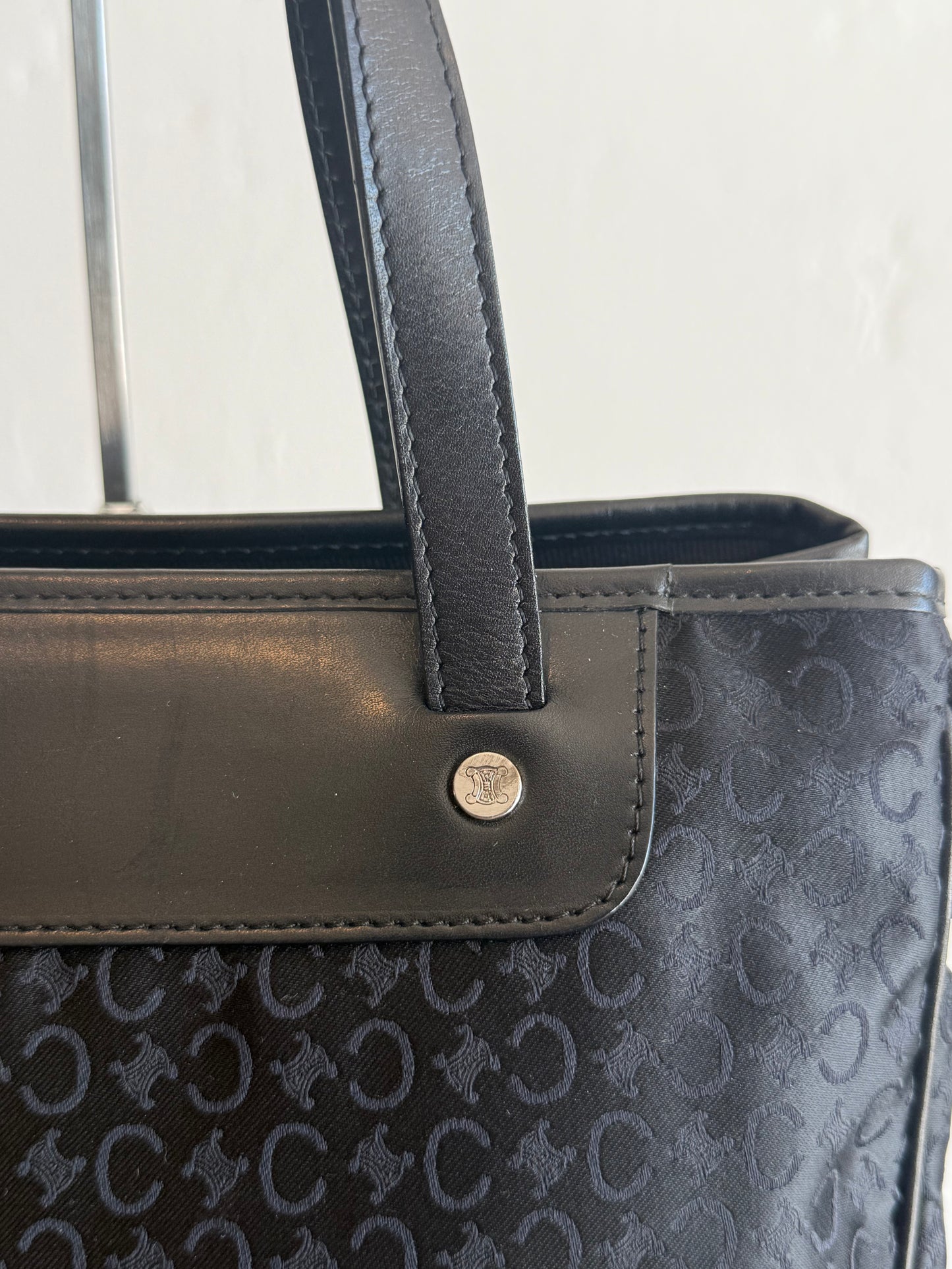 Vintage Céline Black Monogram Canvas Handle Bag with Leather Trim