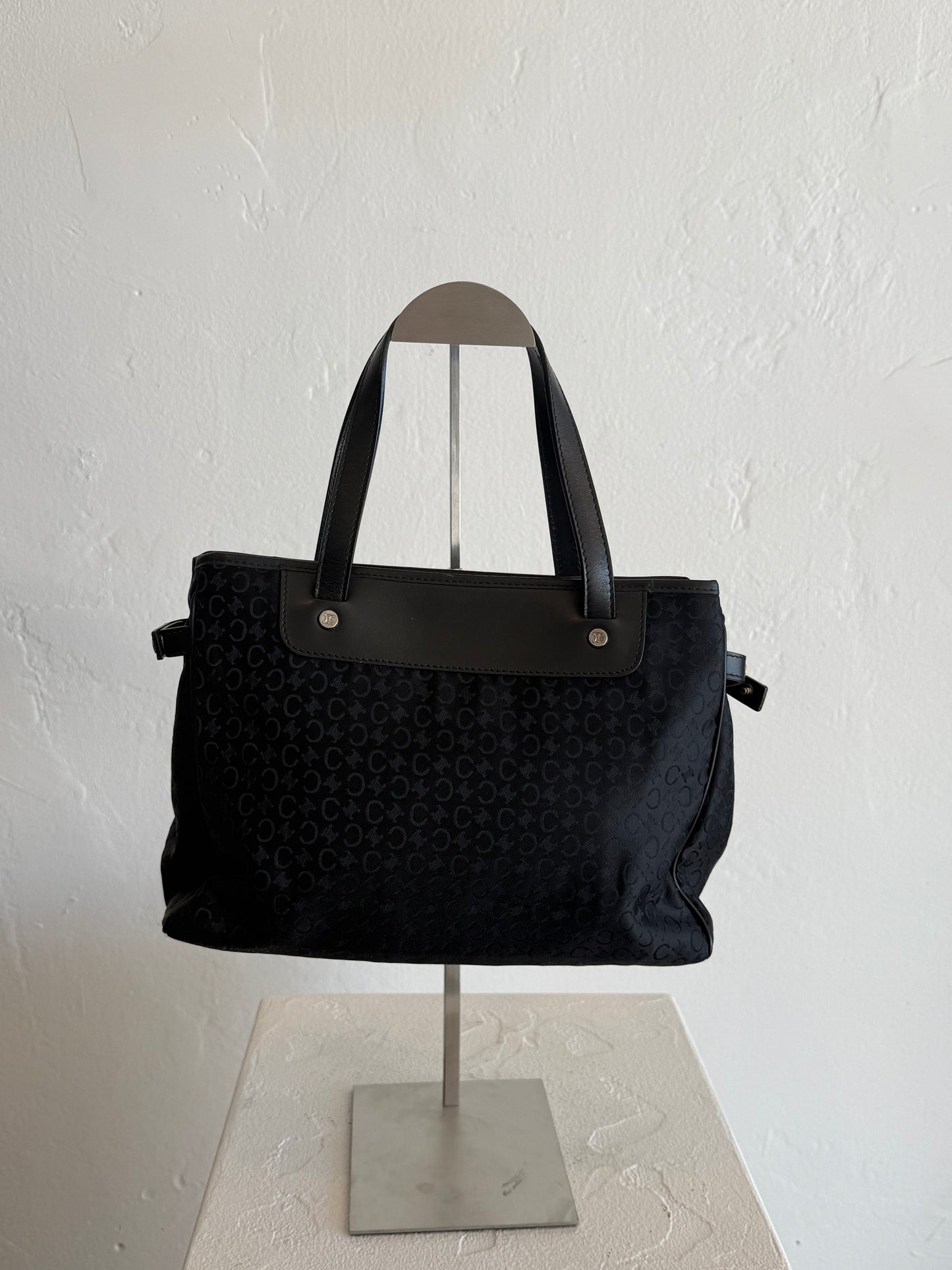 Vintage Céline Black Monogram Canvas Handle Bag with Leather Trim
