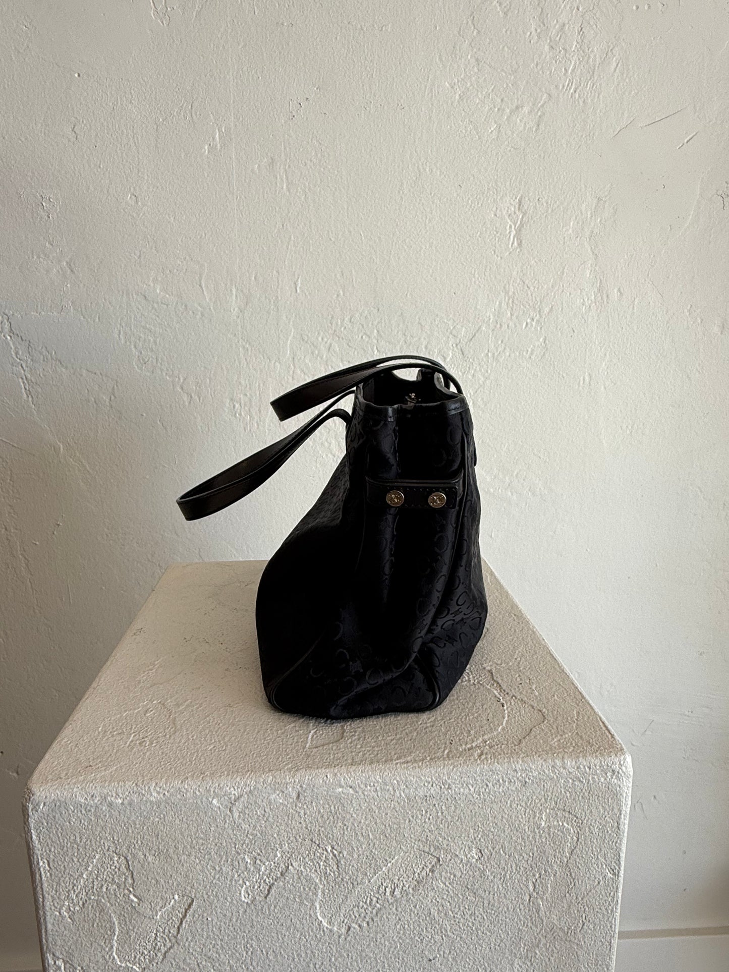 Vintage Céline Black Monogram Canvas Handle Bag with Leather Trim