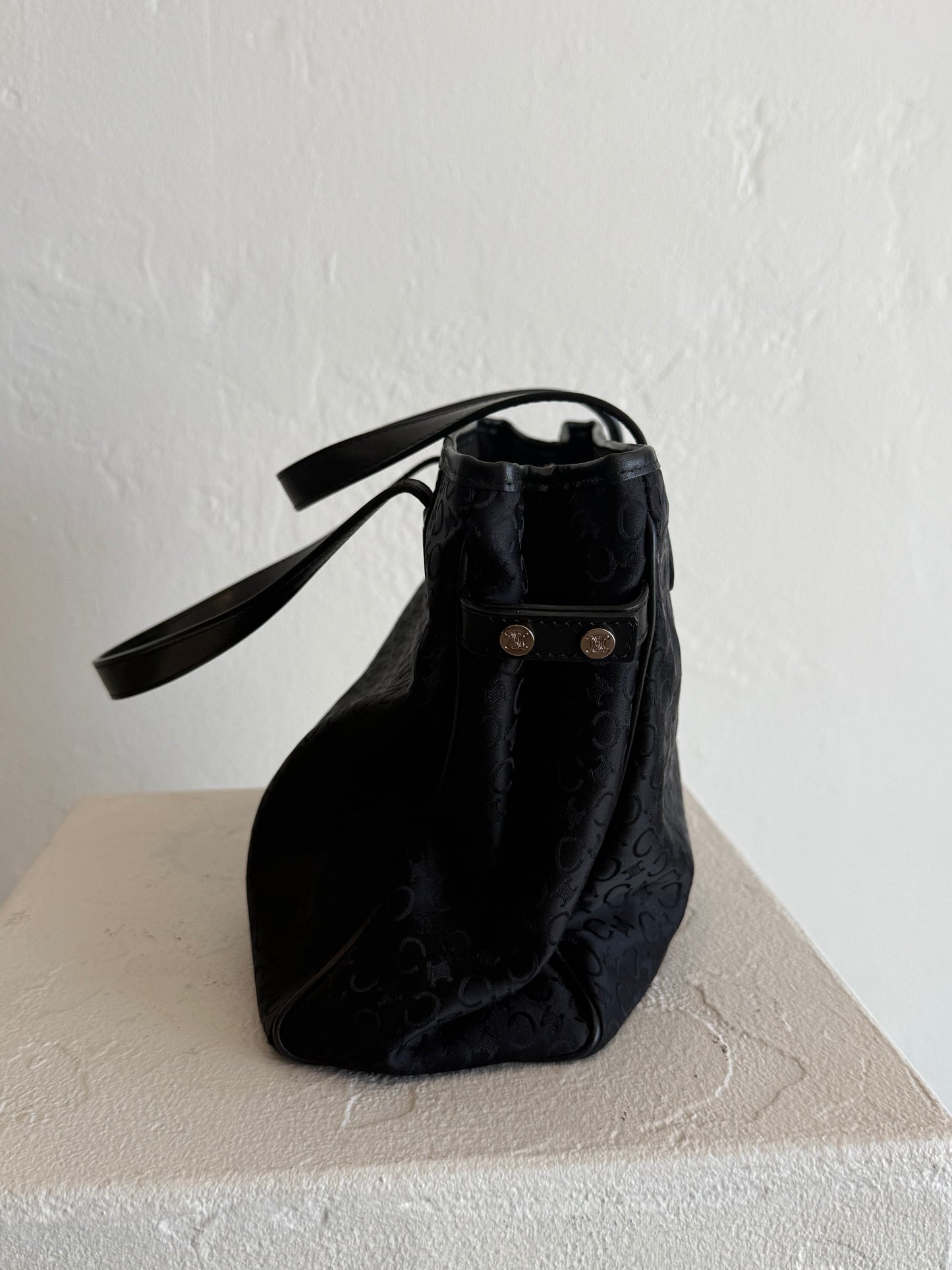 Vintage Céline Black Monogram Canvas Handle Bag with Leather Trim