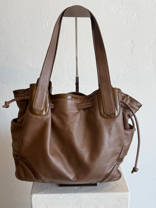 Loewe Taupe Leather Drawstring Tote Bag with Patent Trim