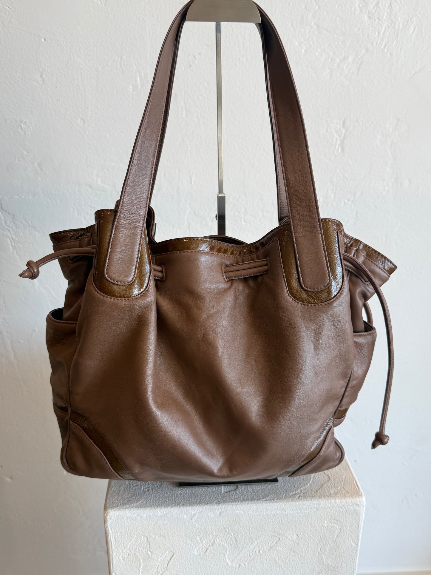 Loewe Taupe Leather Drawstring Tote Bag with Patent Trim