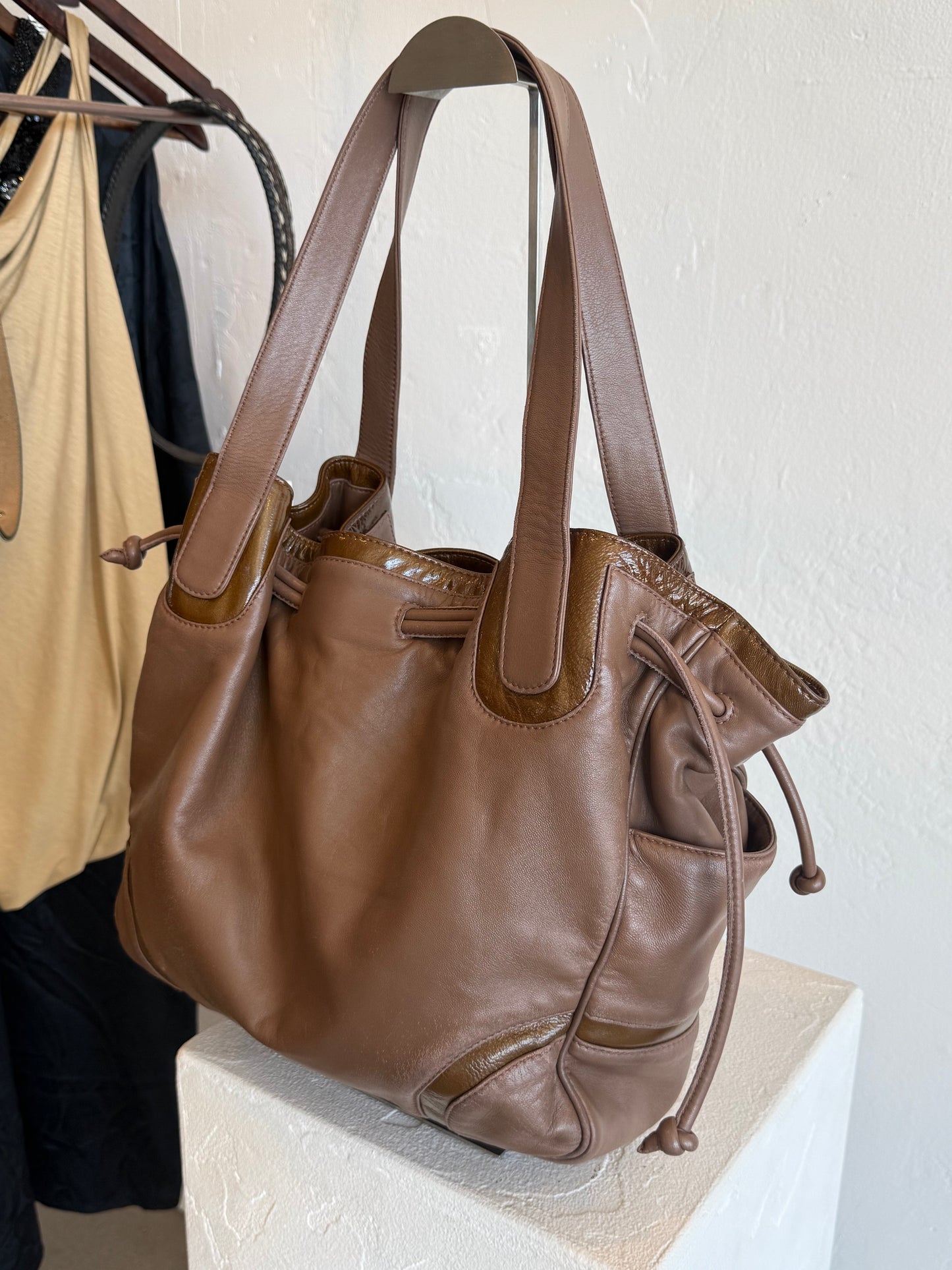 Loewe Taupe Leather Drawstring Tote Bag with Patent Trim